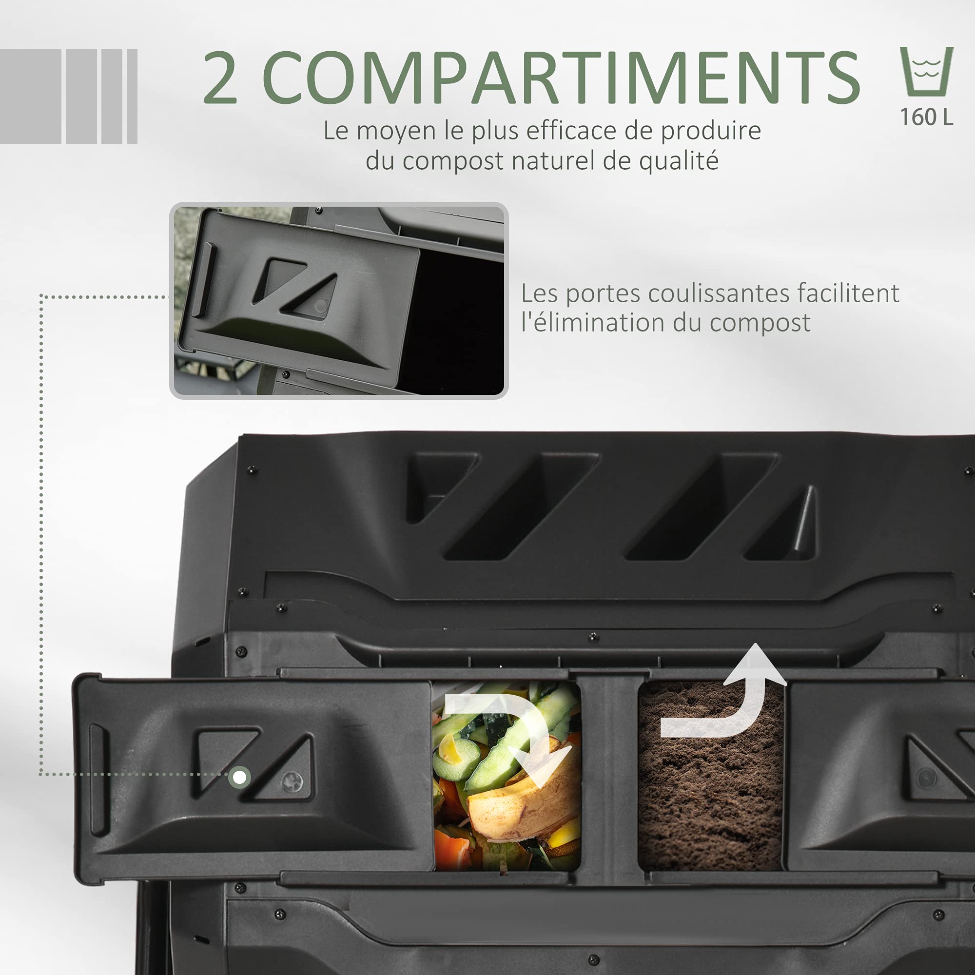 Outsunny Composteur de Jardin - bac à Compost pour déchets - Rotatif 360° - Double Chambre 160 L - Acier PP Noir