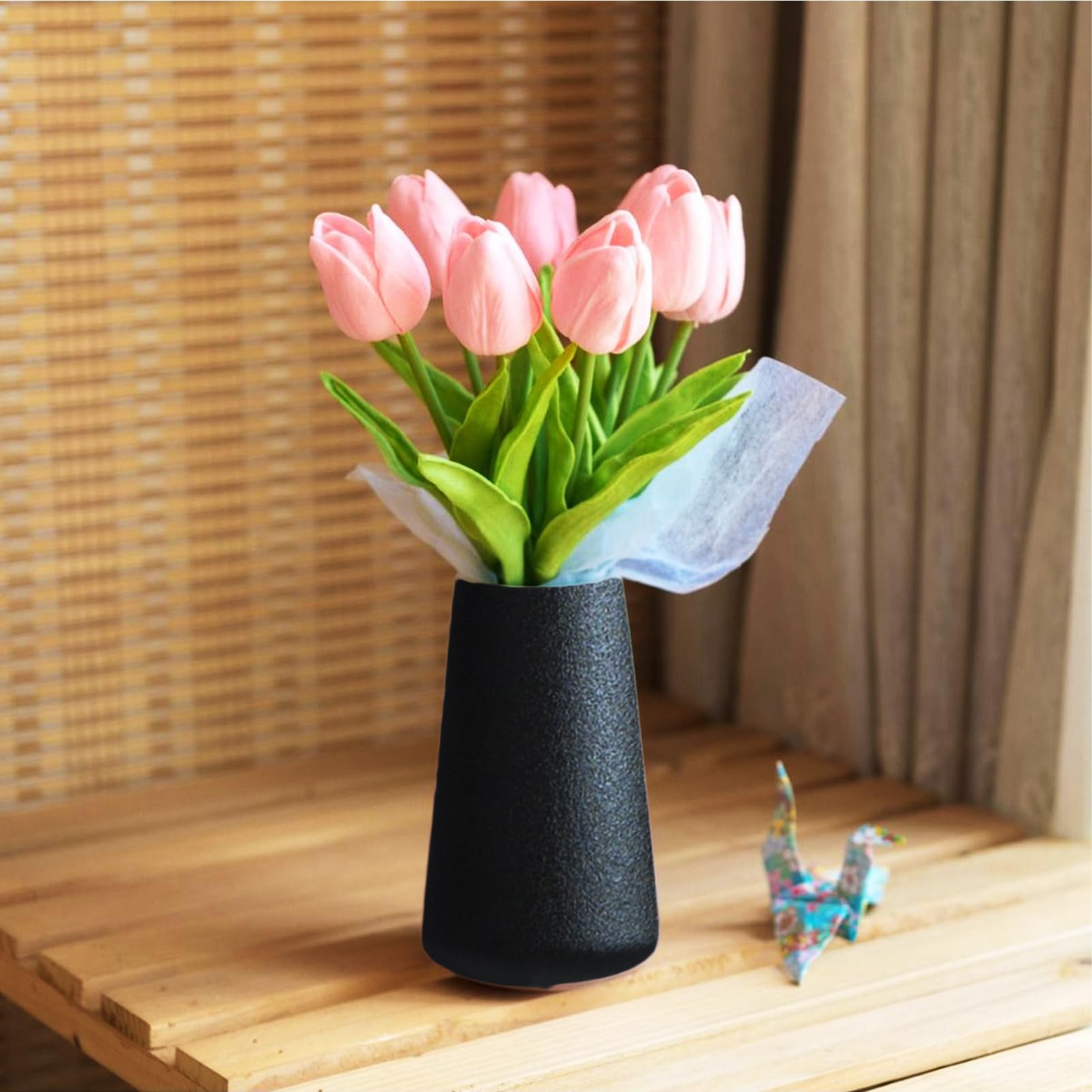 Black Ceramic Vase for Pampas Calla Lily Tulip, Mini Flower Vase Minimalism Style, Fit for Fireplace Bedroom Kitchen Living Room Centerpieces Office Desk, 5.9" H
