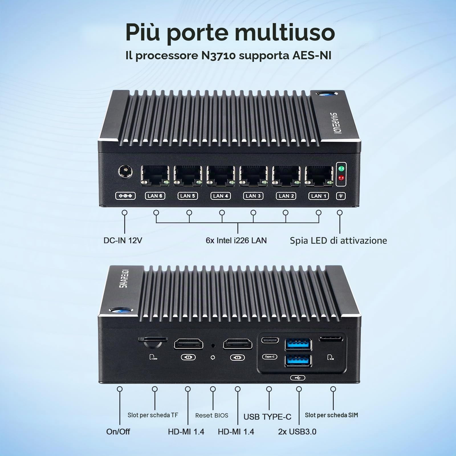 Mini-PC firewall senza ventola con Intel N3710 4C/4T, 6x Intel i226 LAN, router per gateway di rete, testato con PF-Sense/OPN-SENSE,HD/Type-C/SIM/TF/Wi-Fi (8 GB di RAM, SSD da 240 GB)