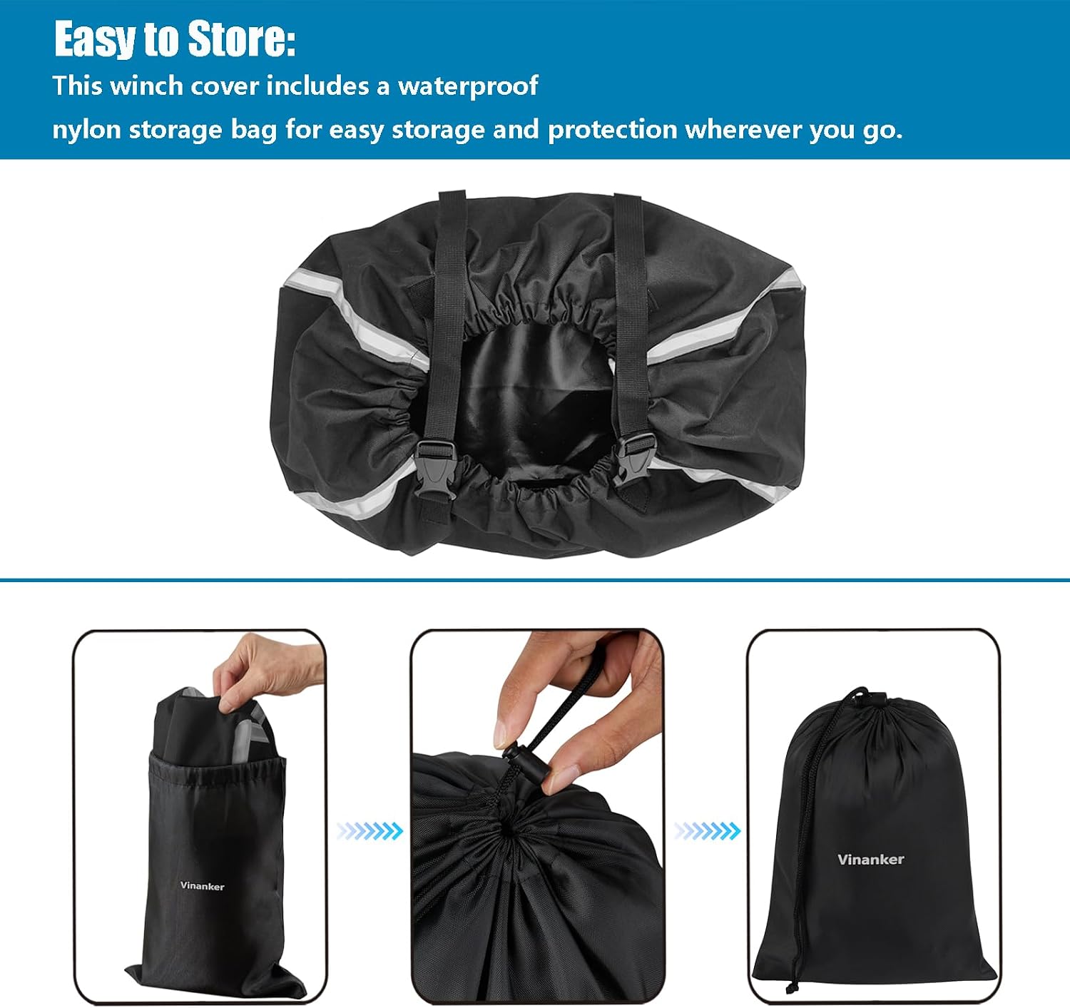 Winch Cover, Waterproof Dustproof Winch Protection Cover with Reflective Ribbon for 8000-13500 lbs Electric Winch (Black Ribbon)