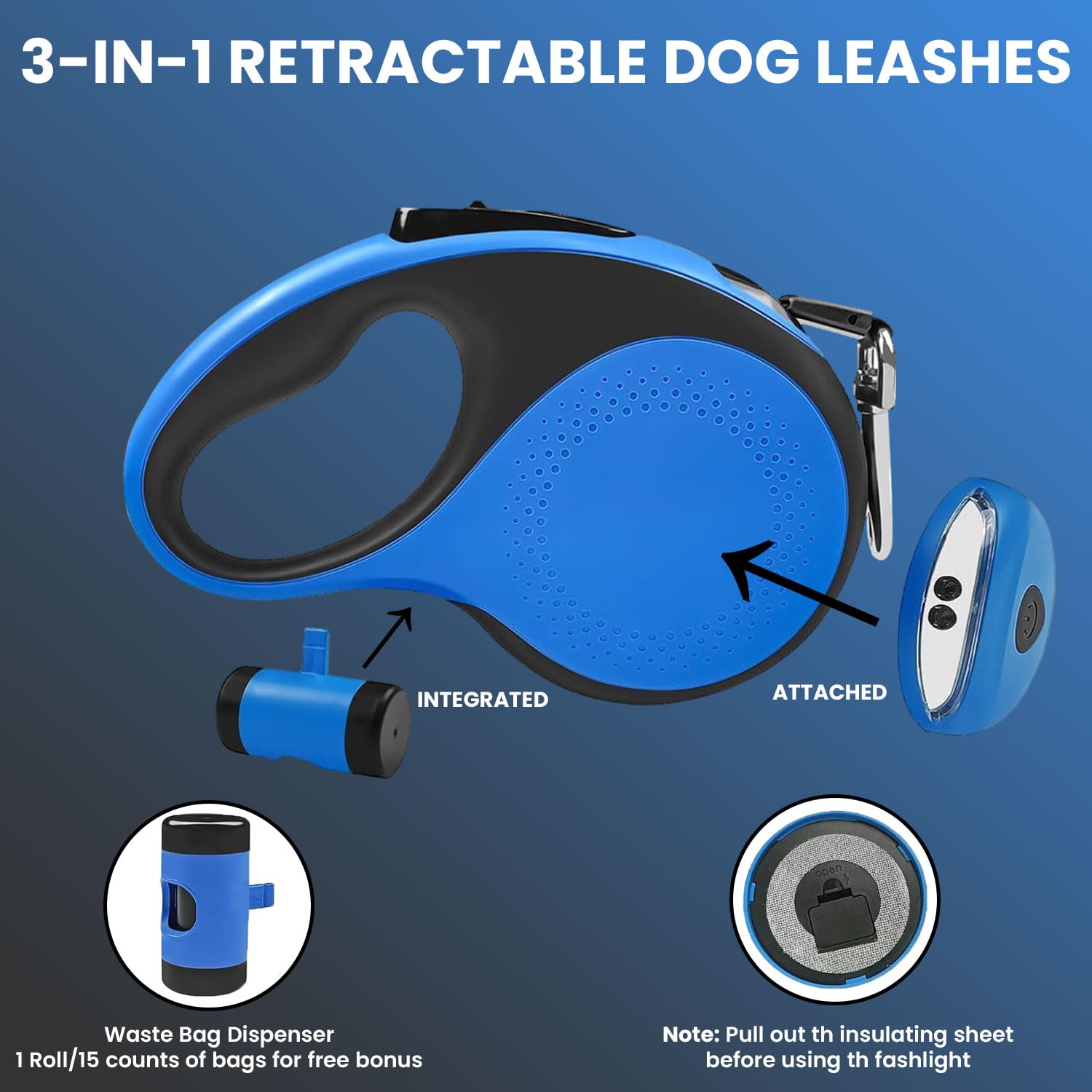 Laisse rétractable pour chien avec distributeur de sacs à déchets et lampe de poche, laisse pour chiens de petite, moyenne et grande taille jusqu'à 50 kg, bouton de verrouillage et de verrouillage
