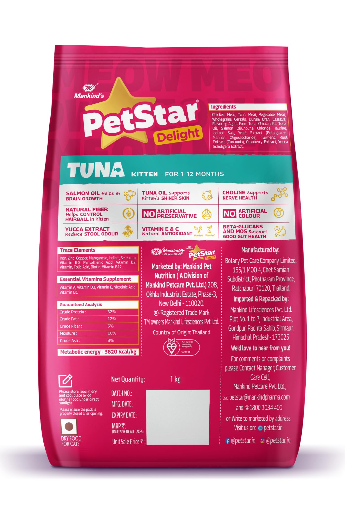 Mankind PetStar Kitten Cat Food - Tuna Flavour (1 Kg) | Complete & Balanced Nutrition for Healthy Growth, Digestive & Hairball Care 1