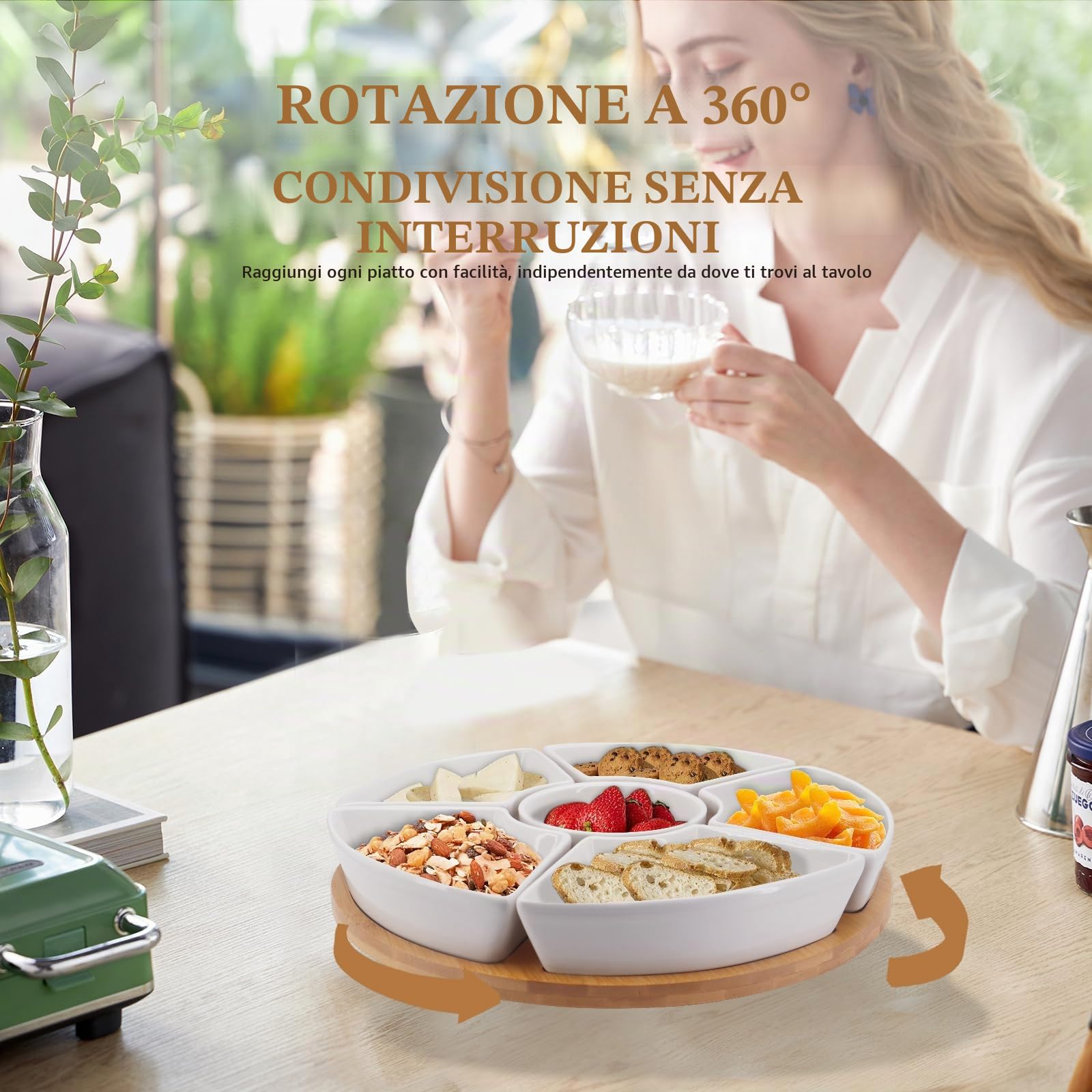 Antipastiera con piano girevole Lazy Susan, Lazy Susan rotante-29cm, vassoio per condimenti, vassoio da portata in ceramica con piatto in bambù, piatto da portata diviso con 6 piatti