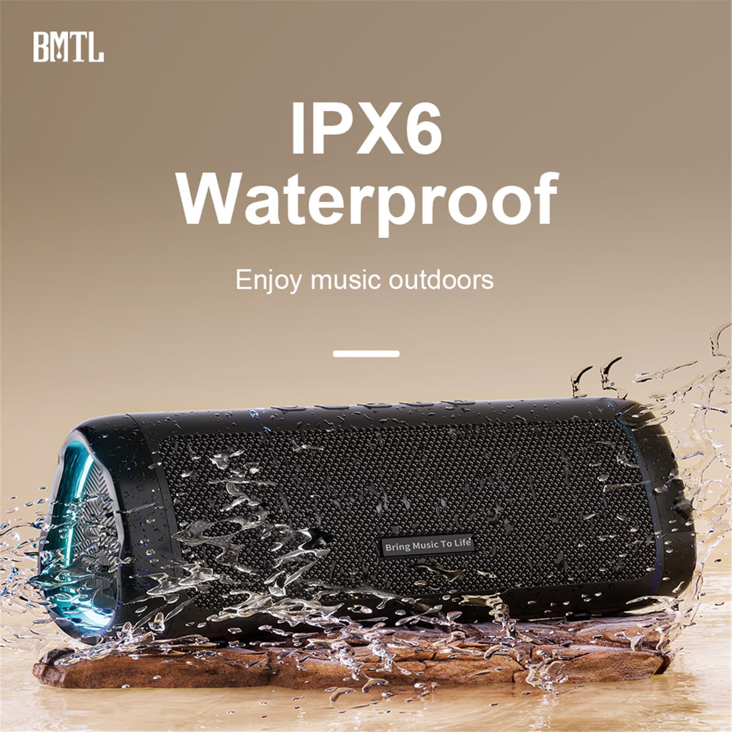 XDOBO BMTL Try&Go Mood Bluetooth Speaker being splashed with water, demonstrating IPX6 waterproof rating