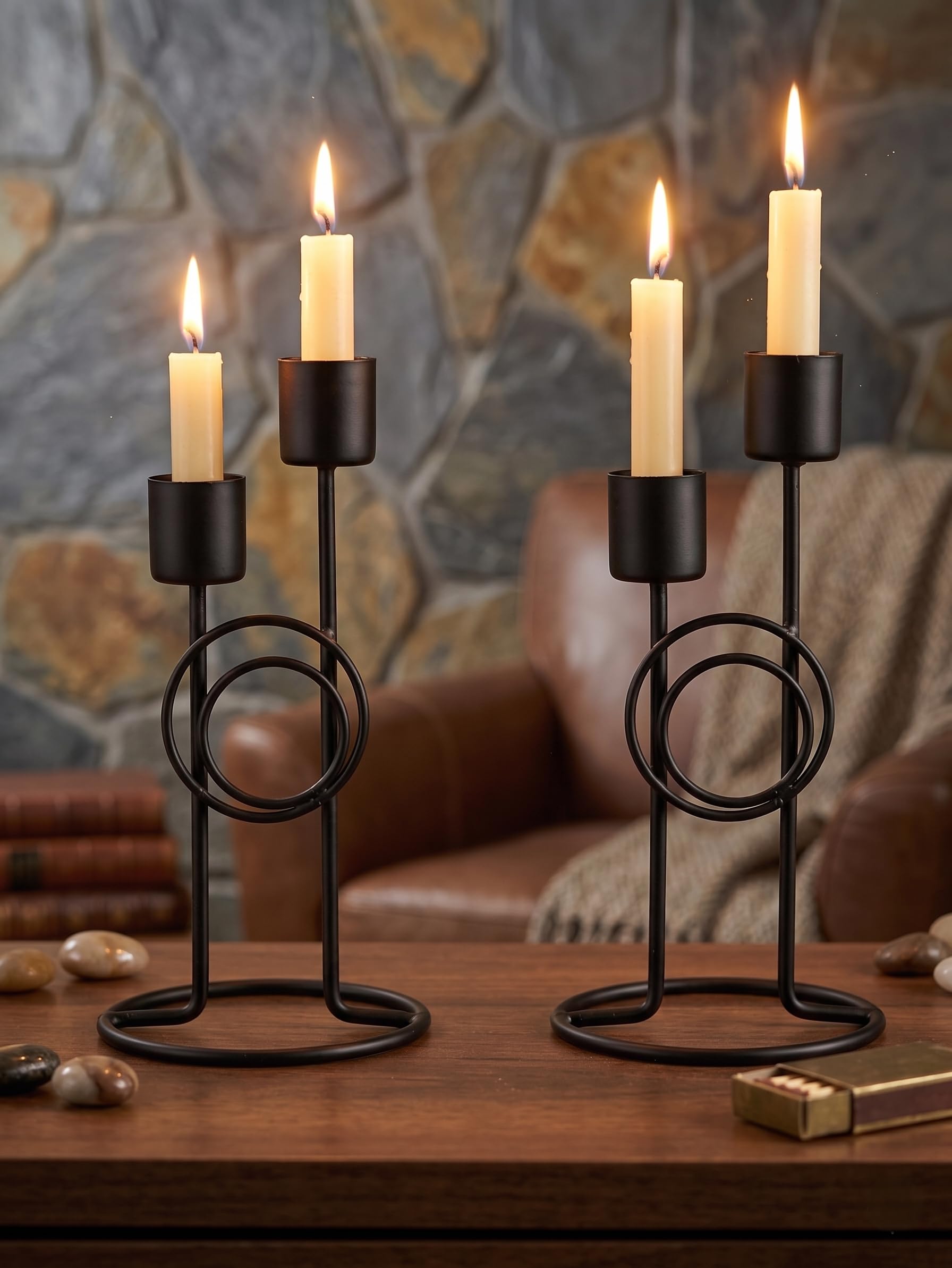 Metal Decor Black Metal Dual Candle Holder – Geometric Ring Design Candlestick Stand for Taper & Pillar Candles, Vintage Centerpiece for Dining Table, Mantle and Study Decor-image-15