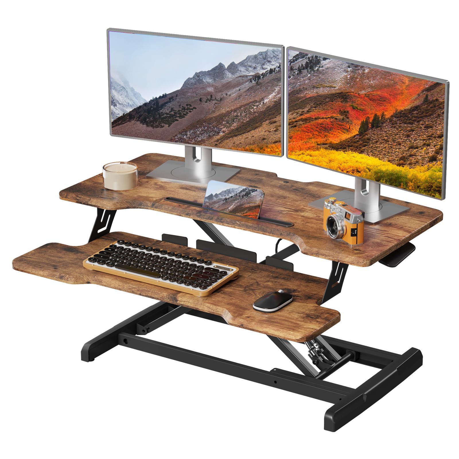 Standing Desk Converter 32 inch, Height Adjustable Sit Stand Desk Riser, Quick Sit to Stand Desktop Dual Monitor Riser Workstation for Home Office with Keyboard Tray, Rustic Brown