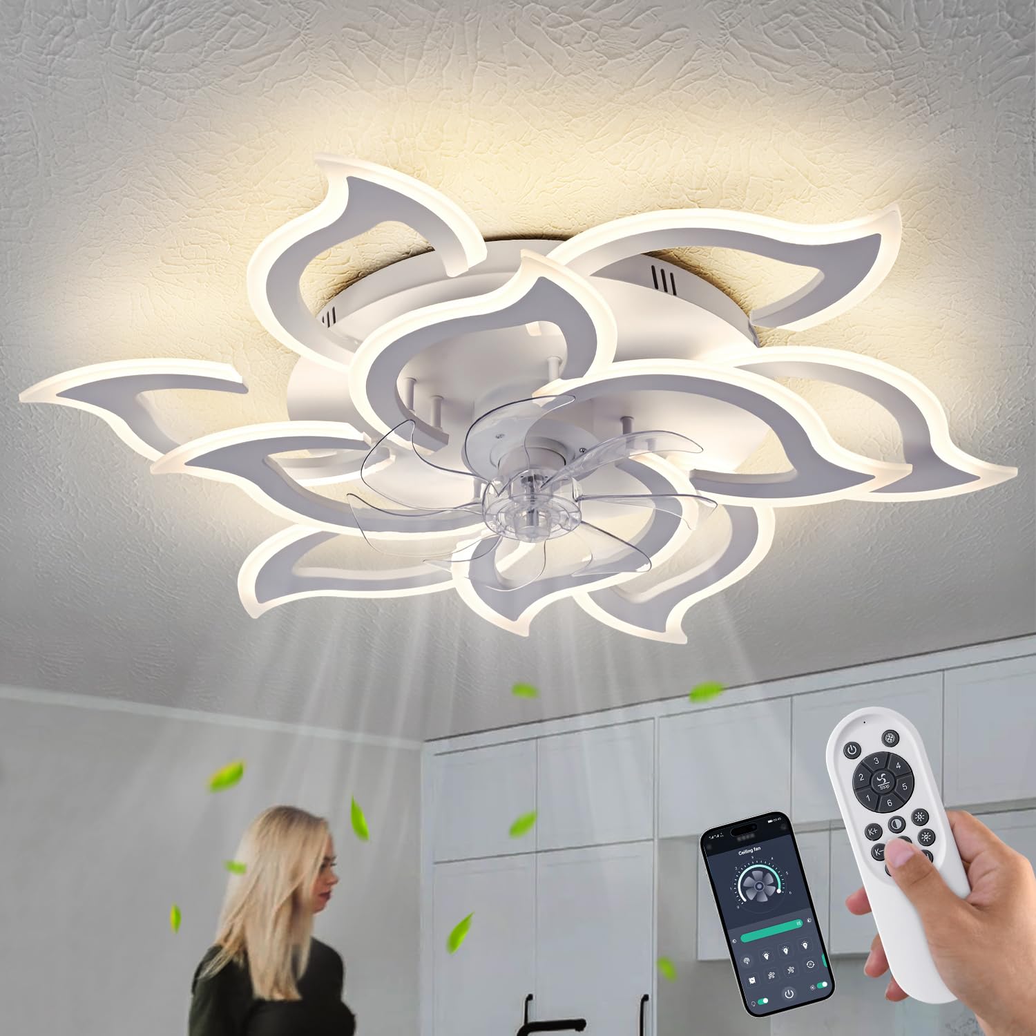 LiuShine Modern LED Ceiling Fan Light with Remote, 6 Speeds, Timer, Ultra-Quiet, Flower Design, Dimmable Flush Mount for Bedroom/Living Room