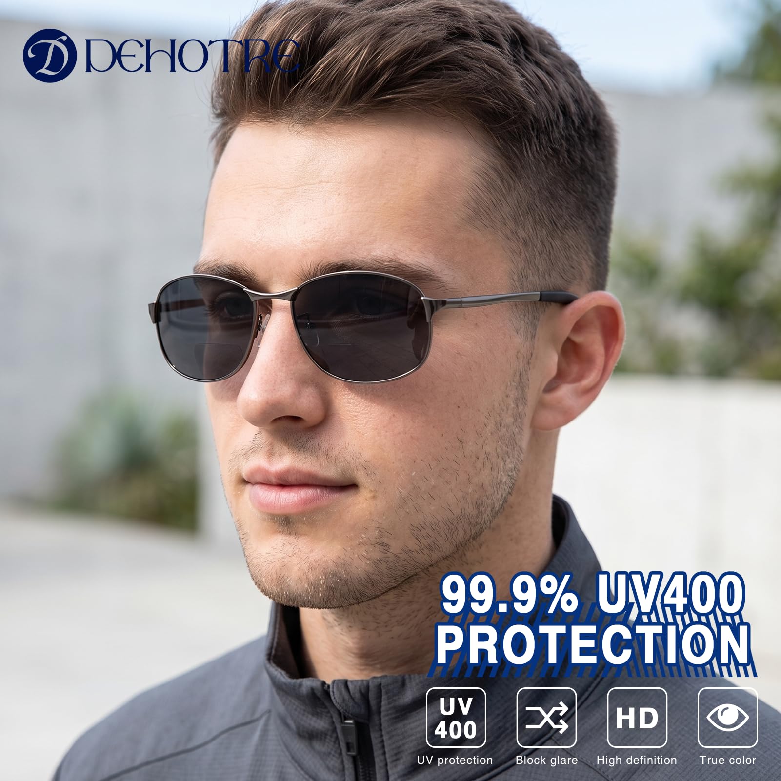 DEHOTRE 2 Pack Herren Bifokale Lesesonnenbrille, Edelstahlrahmen/Fahren Sonnenbrille Zero Top UV400 Metallscharnier