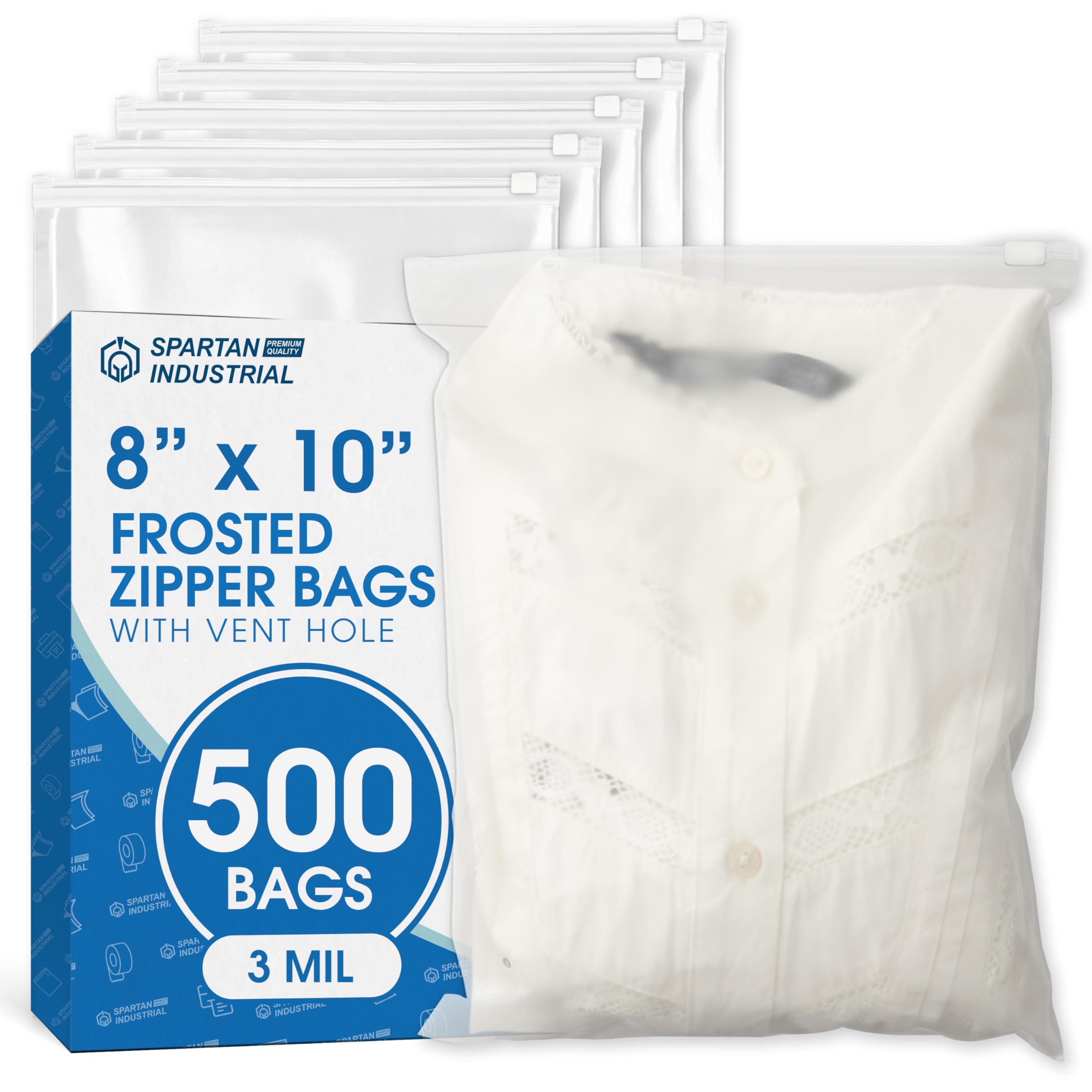 Spartan Industrial - 8" X 10" (500 Count) 3 Mil Frosted Zipper Bags for With Vent Hole - Reclosable Plastic Bags for Clothes, T-Shirts, Leggings