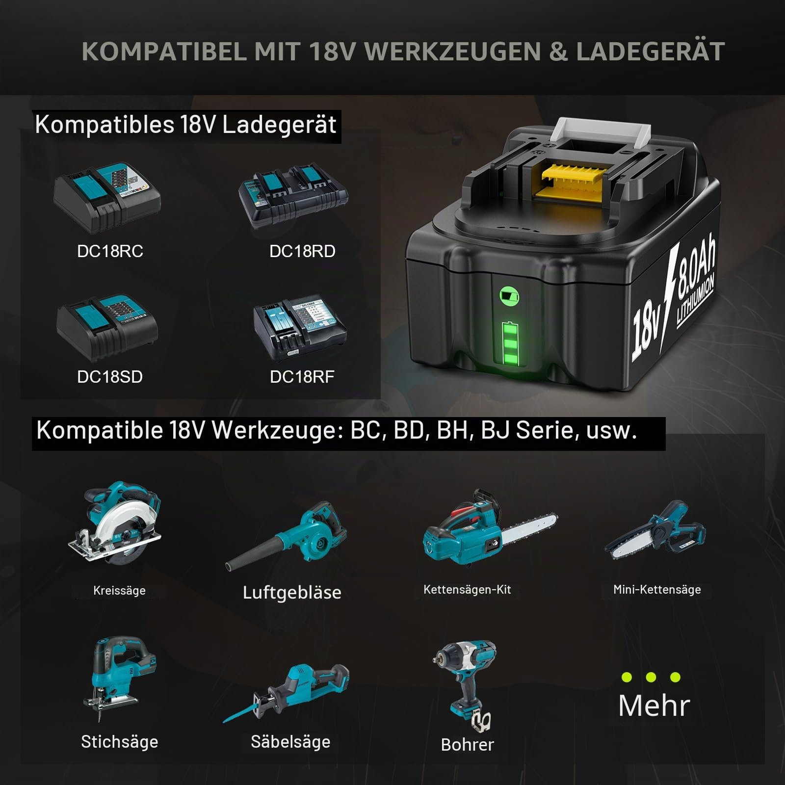 Powtree 2X 18V 8.0Ah Akku für Makita, Ersatzakku für Makita 18V BL1860B Kompatibel mit BL1860 BL1850 BL1850B BL1840 BL1840B BL1830 BL1830B BL1815 LXT Akku-Elektrowerkzeuge mit LED-Anzeige