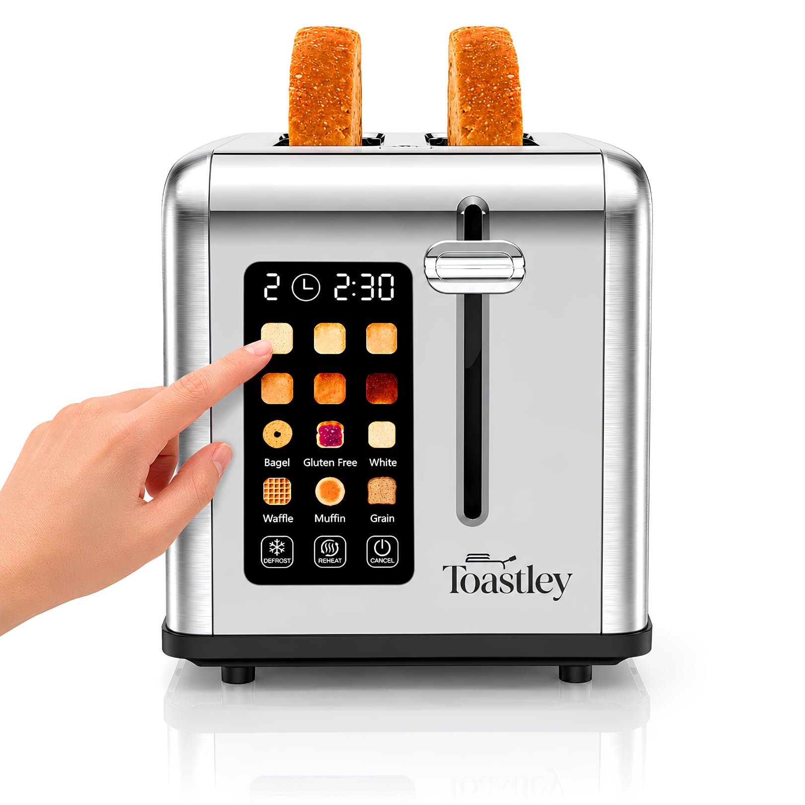 Toastley 2 Slice Smart Toaster with Touchscreen Control, 6 Browning Levels & 6 Bread Modes, Extra-Wide Slots, Bagel/Defrost/Reheat, Extra-Lift Lever, 880W