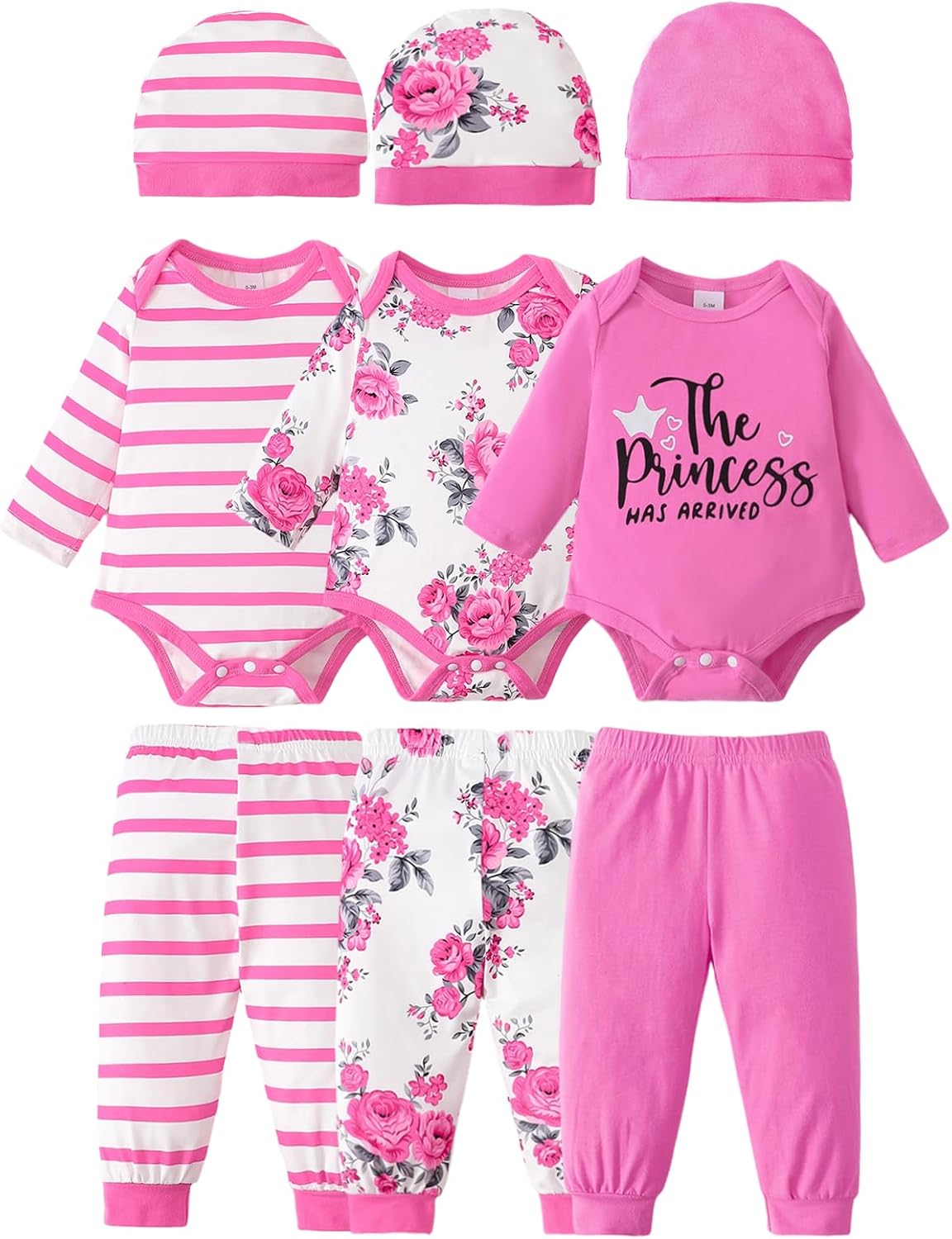 3-Pack Baby Girl Clothes Newborn Infant Romper Bodysuits Pants Hats Layette Set Shower Gifts 0-18 Months