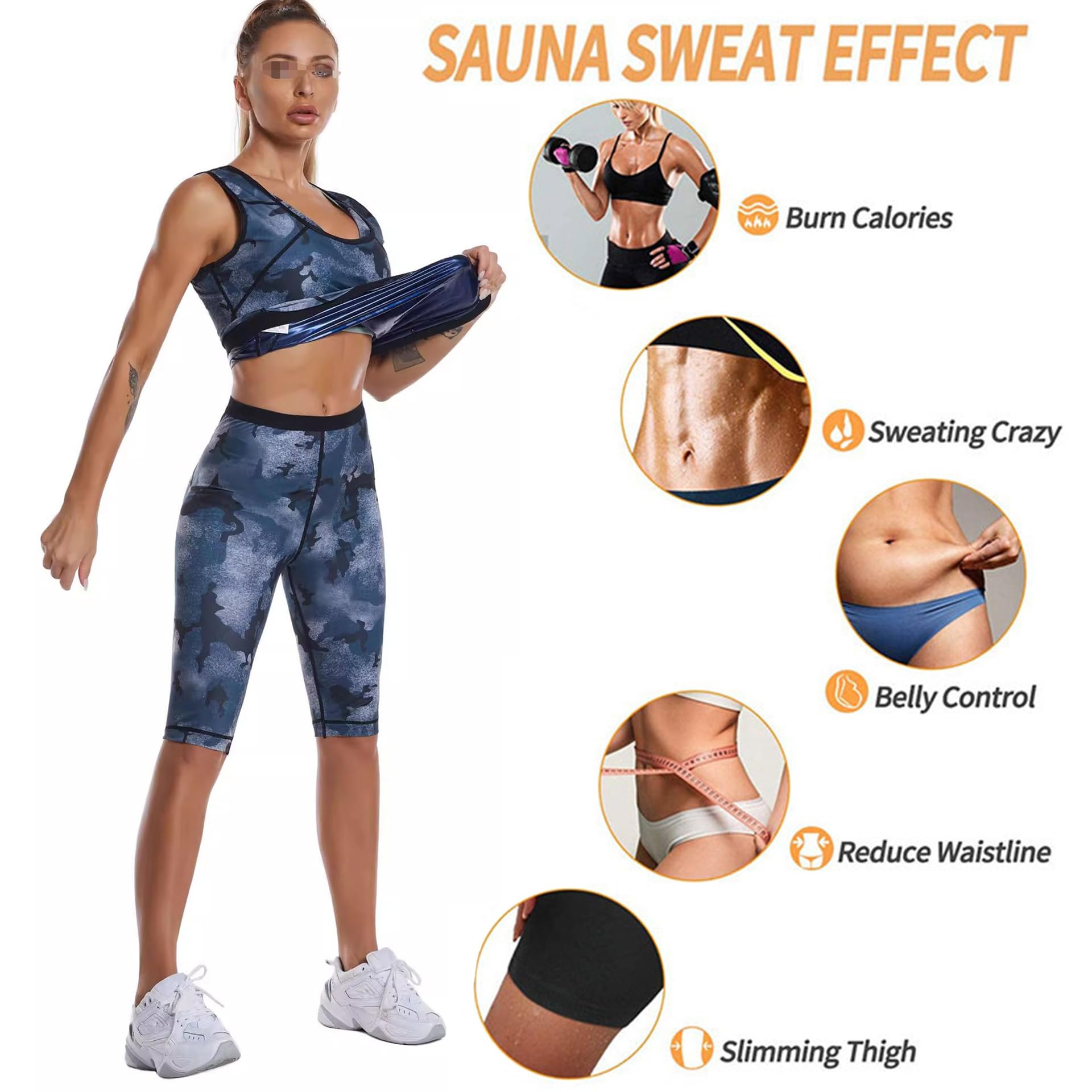 Vêtement De Sudation Femme, Combinaison Sudation Femme, Sudation Femme Amincissante, Ensemble De Sudation Femme(Gilet De Sudation + Short De Sudation) pour Fitness Jogging Yoga