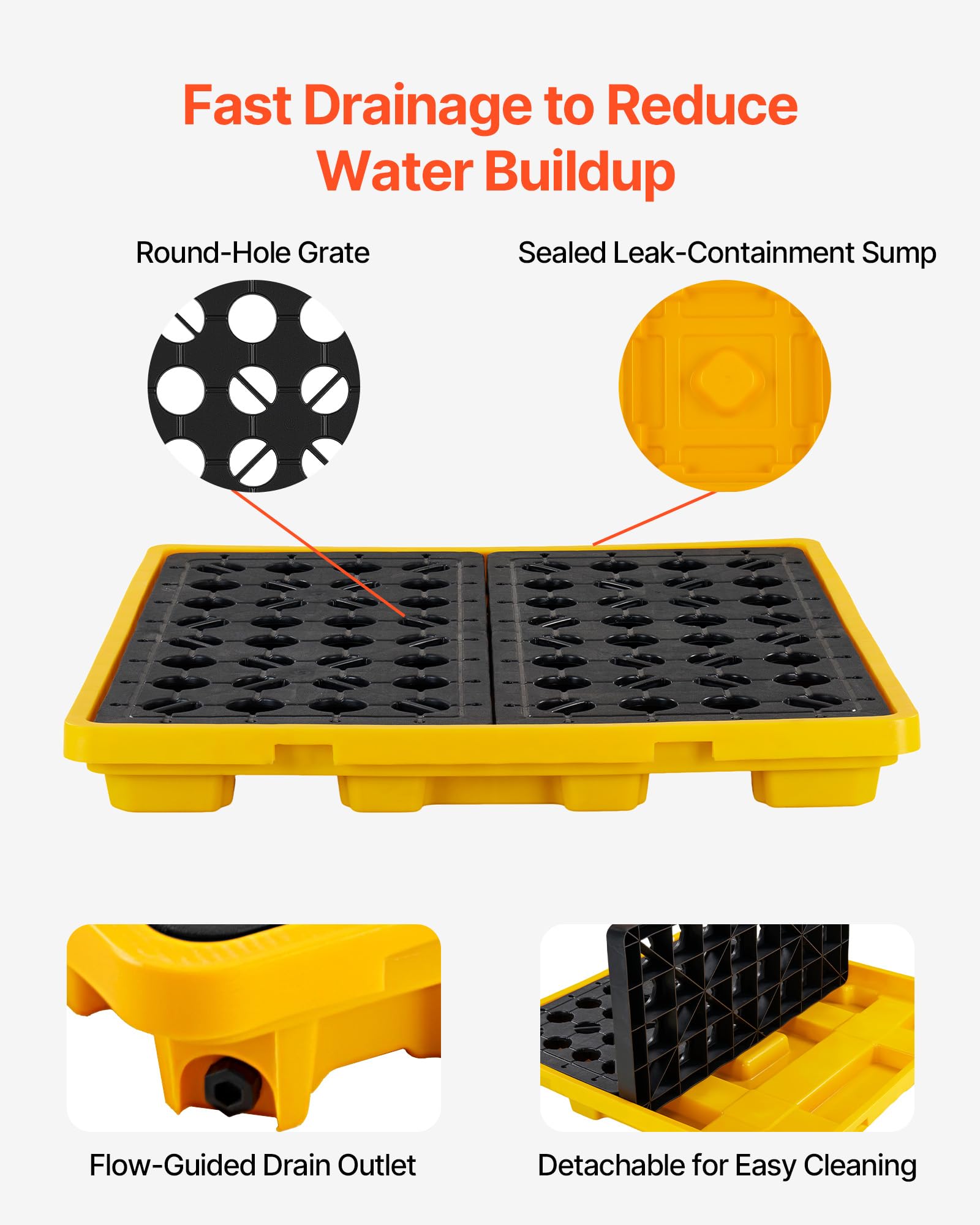 VEVOR Palette de Rétention pour 4 Fûts, Bac de Rétention avec Caillebotis et Drain, Plateforme de Déversement en PEHD à Profil Bas, Capacité 117,4 L, Charge Maximale 4000 kg, 1305x1280x150 mm, Jaune