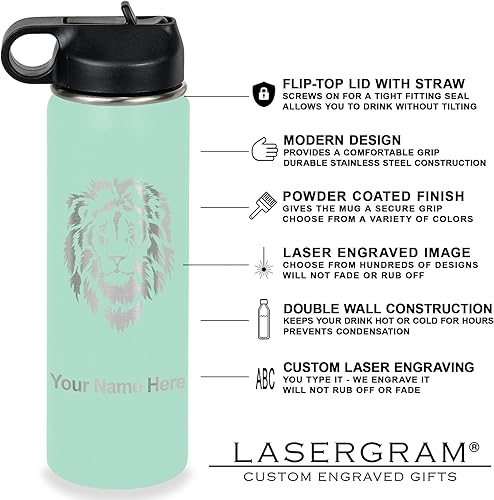 Miniatura 3 de LaserGram Botella de agua de doble pared abatible de 20 onzas con pajita, pingüino, grabado personalizado incluido (verde azulado)