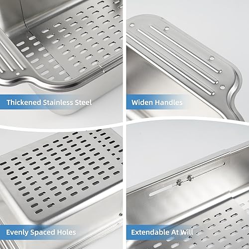 Miniatura 6 de Cesta coladora para colocar sobre el fregadero, colador de drenaje extensible de metal para lavar verduras y frutas platos secos, 6 cuartos de galón