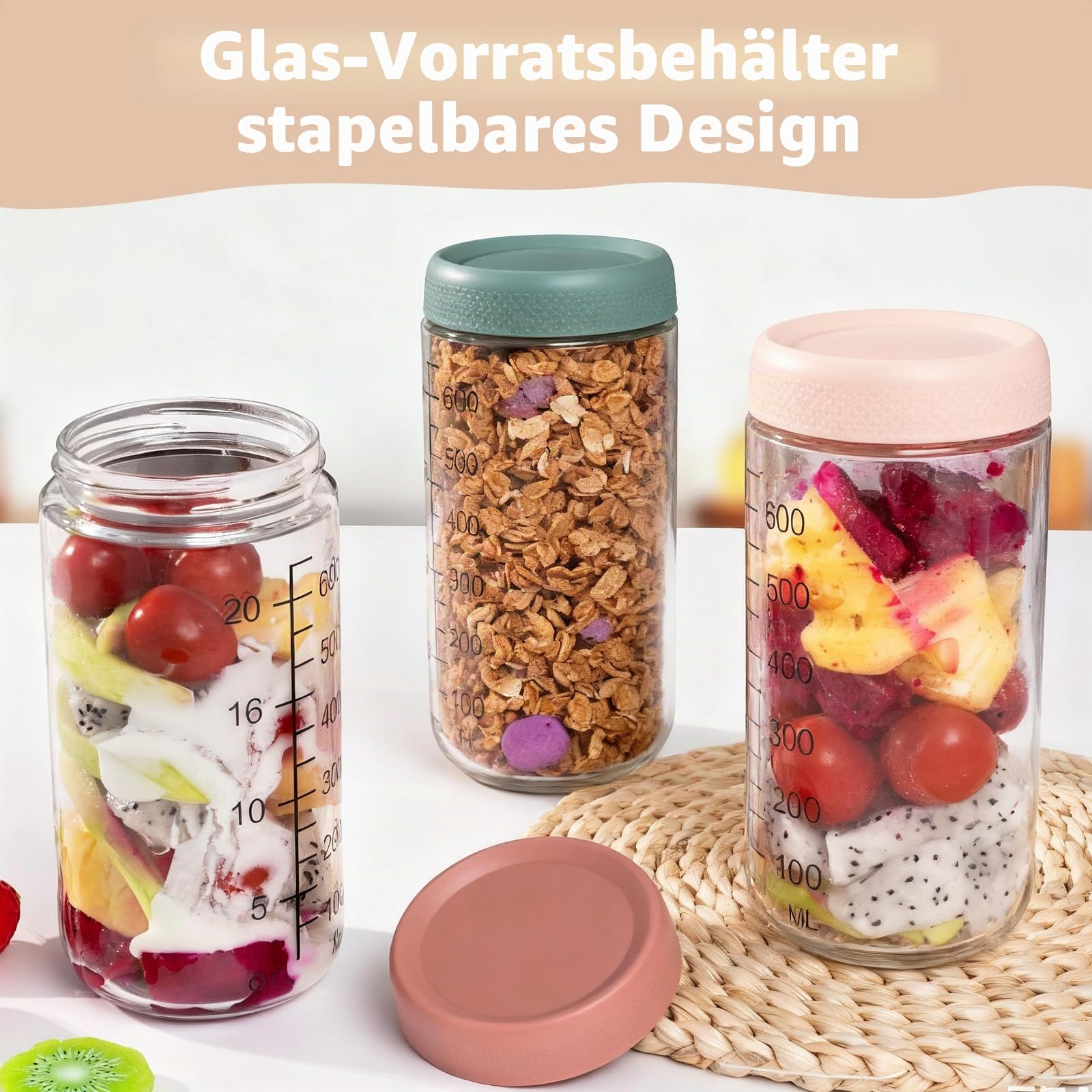 4 Stück Meal Prep Gläser 750ml, Overnight Oats Gläser, Messmarkierungen, Borosilikatglas Einmachgläser mit Schraubverschluss & Luftdichtung, Stapelbare Vorratsgläser für Salat,Joghurt,Pudding