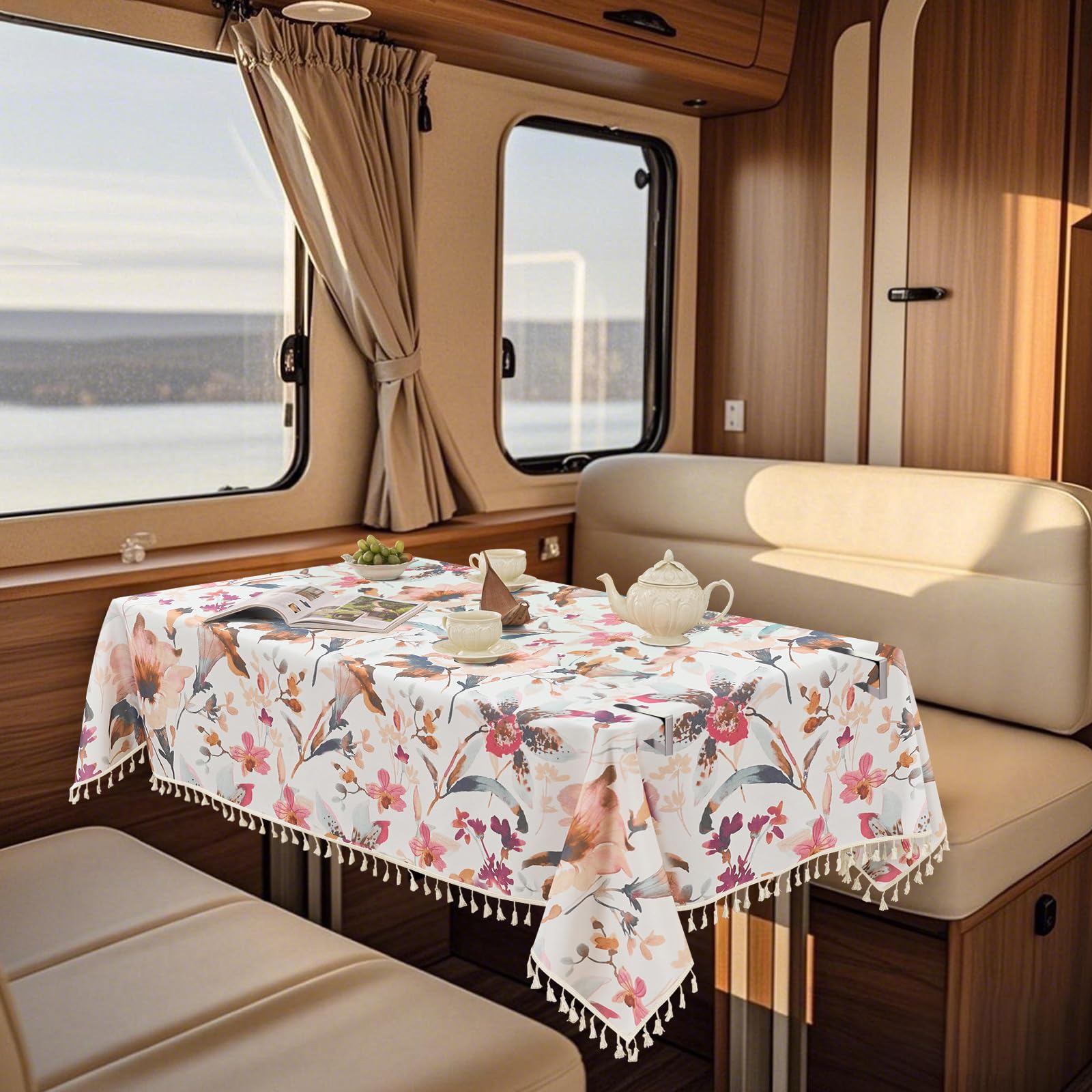 UNBBRRL RV Dinette Tablecloth Waterproof, Dinette Table Covers for RV Camper, Tablecloths for Rectangle Tables with Tassel, Dining Table Cloth with 6