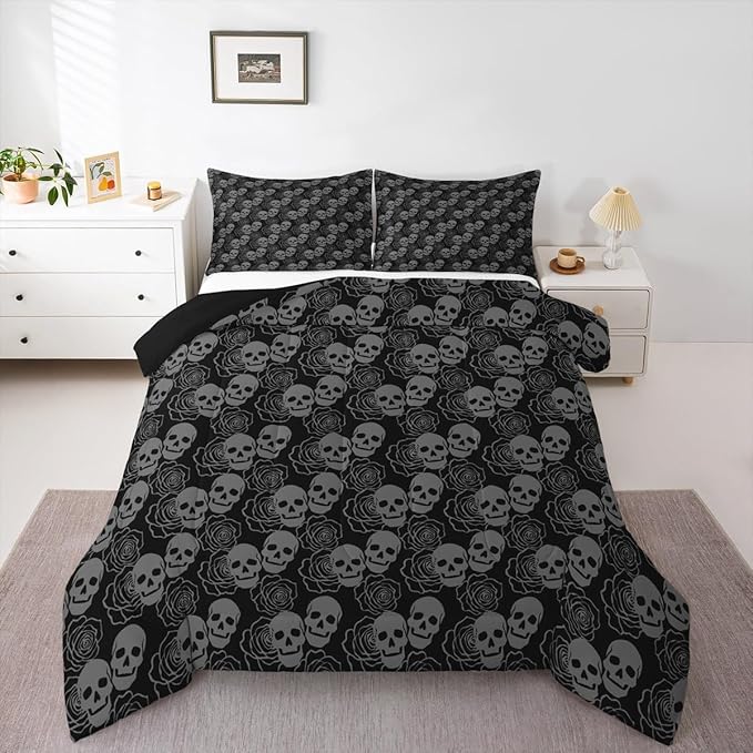 Feelyou Sugar Skull Bedding Set for Kids Boys Girls Gothic Skull Comforter Set Twin Size Halloween Themed Duvet Quilt Bedroom Decor Breathable Soft Lightweight Microfiber Black 2Pcs