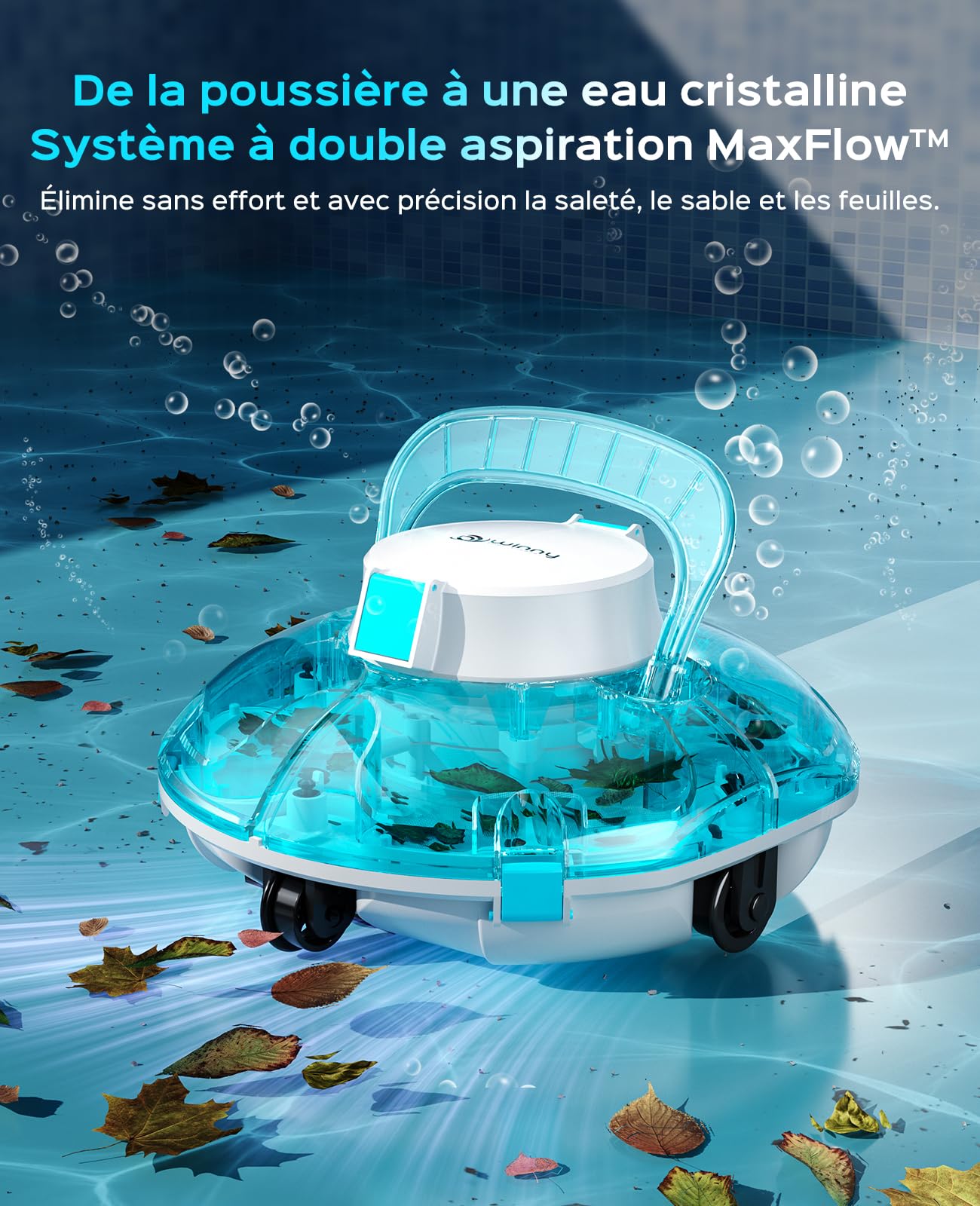 WINNY POOL CLEANER Winny 200 Robot Piscine, Aspirateur Piscine sans Fil avec Batterie, Autonomie 80 Min pour Piscines Hors-Sol 60 m², Double Filtration, Stationnement Automatique(Bleu Transparent)