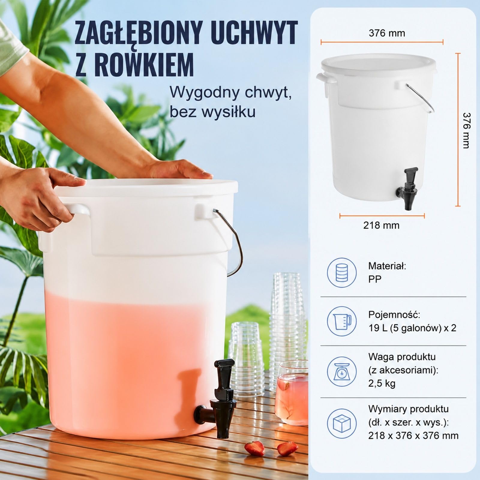 Zestaw 2 szt dozownik napojów 19 L z tworzywa z kranikiem i pokrywą do soku lemoniady herbaty lodowej wody restauracji hoteli przyjęć