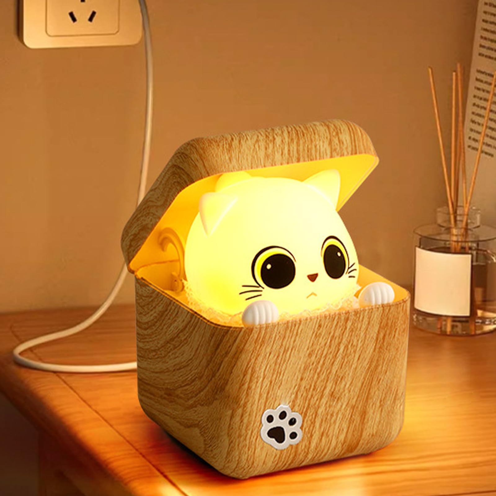 Interaktives Katzen Nachtlicht mit 3 Farbmodi und USB wiederaufladbarem, leisem Einschlafhilfe Licht für die Schlafzimmerdekoration, hübsche Puss Nachtlampe