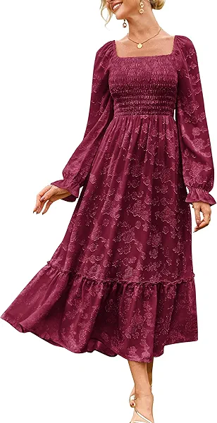 GRACE KARIN 2025 Women's Long Sleeve Floral Wedding Guest Dress,Square Neck Boho Maxi Dress, Flowy Elegant Fall Dress