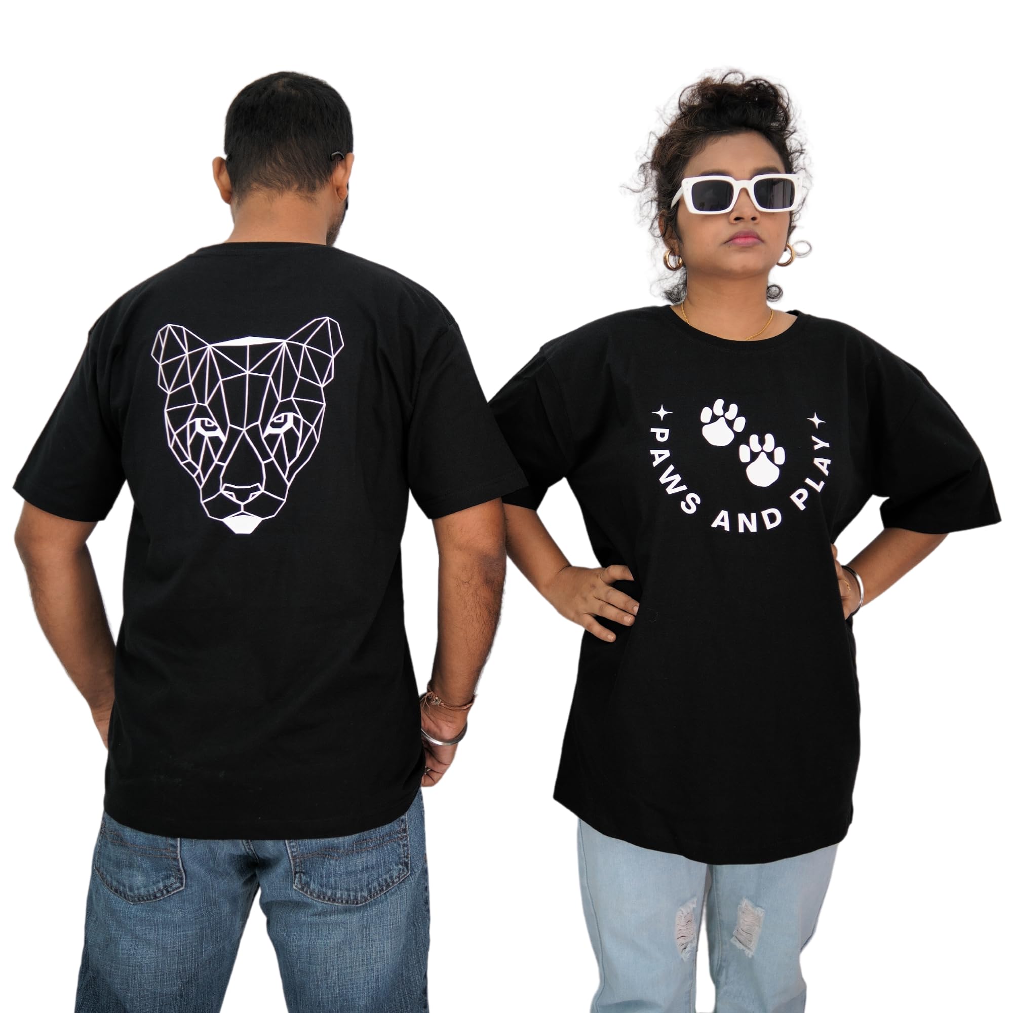 ModYool Paws And Play Panther | Unisex Front and Back Printed Tshirt(Color Black)