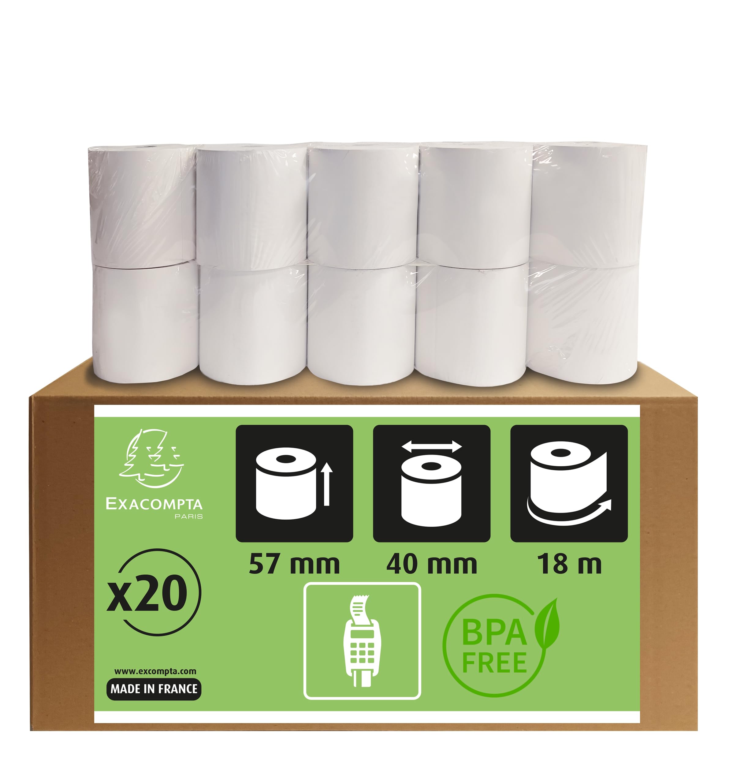Exacompta - Ref. 40761E - Box of 20 thermal rolls for credit card 57 x 40 mm, 1 thermal ply 55g/m² Phenol-free, without cardboard core, zero plastic waste - Length +/-2m: 18 m, white