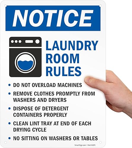 Miniatura 7 de SmartSign Letrero de metal con texto en inglés "Notice - No Overload, Remove Promptly, Dispose Detergent, Clean Lint, No Sitting", 14 x 10 pulgadas,