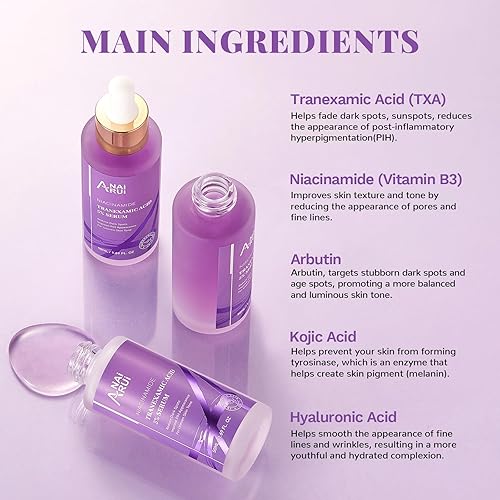 Miniatura 9 de ANAI RUI Suero de ácido tranexámico al 5% con niacinamida, ácido kójico, arbutina, reduce la mancha oscura, PIH, para un tono de piel desigual