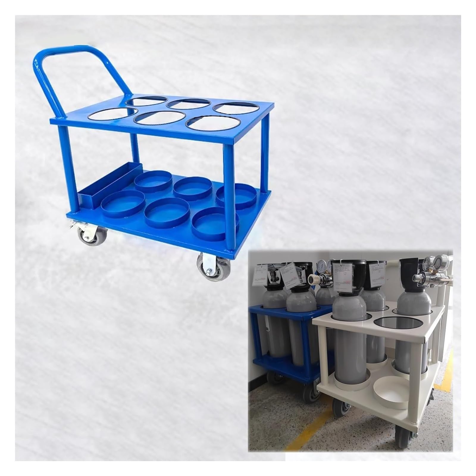 GTHTUHFD Oxygen Cylinder Trolley, Oxygen Cylinder Rack 4-Wheel Tank Cart Holder,Blu-6 slots