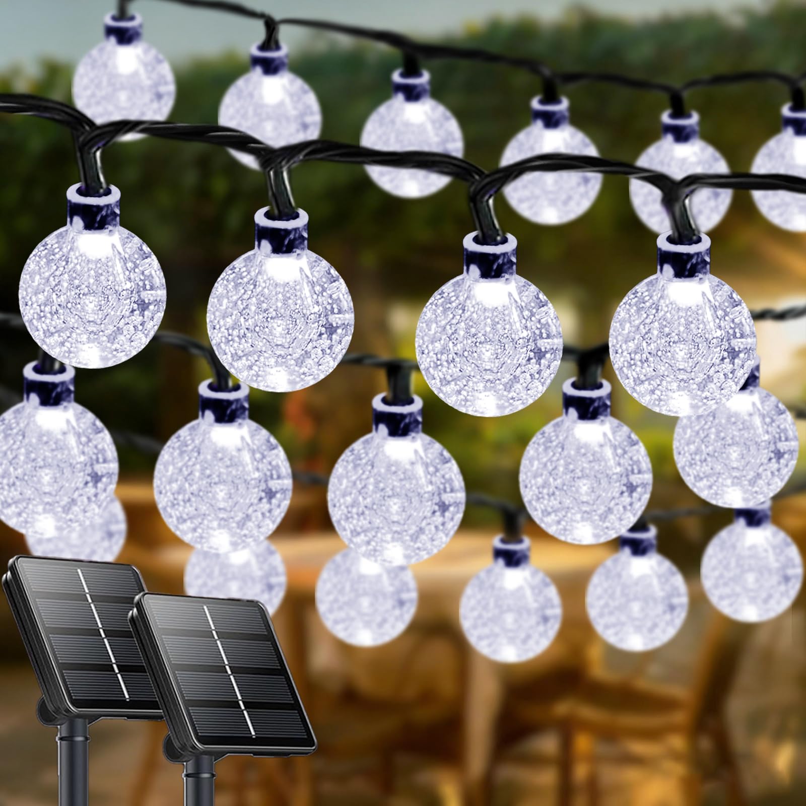 Weiße 2er-Packung 100 LED 1,8 m Kristallkugel Solar-Weihnachtslichter für den Außenbereich, wasserdichte Solar-Lichterkette für den Außenbereich, dekorativ, 8 Beleuchtungsmodi, Solar-Terrassenlichter