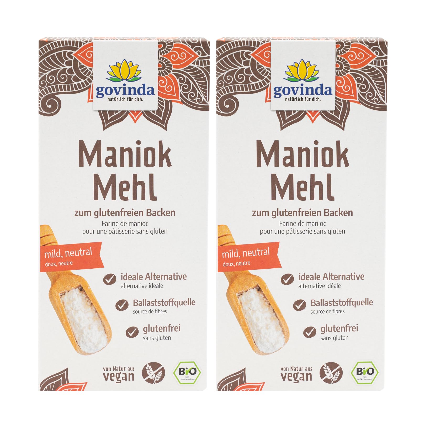 Govinda Bio Maniokmehl (2x450g) | Gluten- & Getreidefrei | 1:1 Weizenmehl-Ersatz | Fein Gemahlen | Ballaststoffreich | Ideal zum Backen & Kochen | DE-ÖKO-005