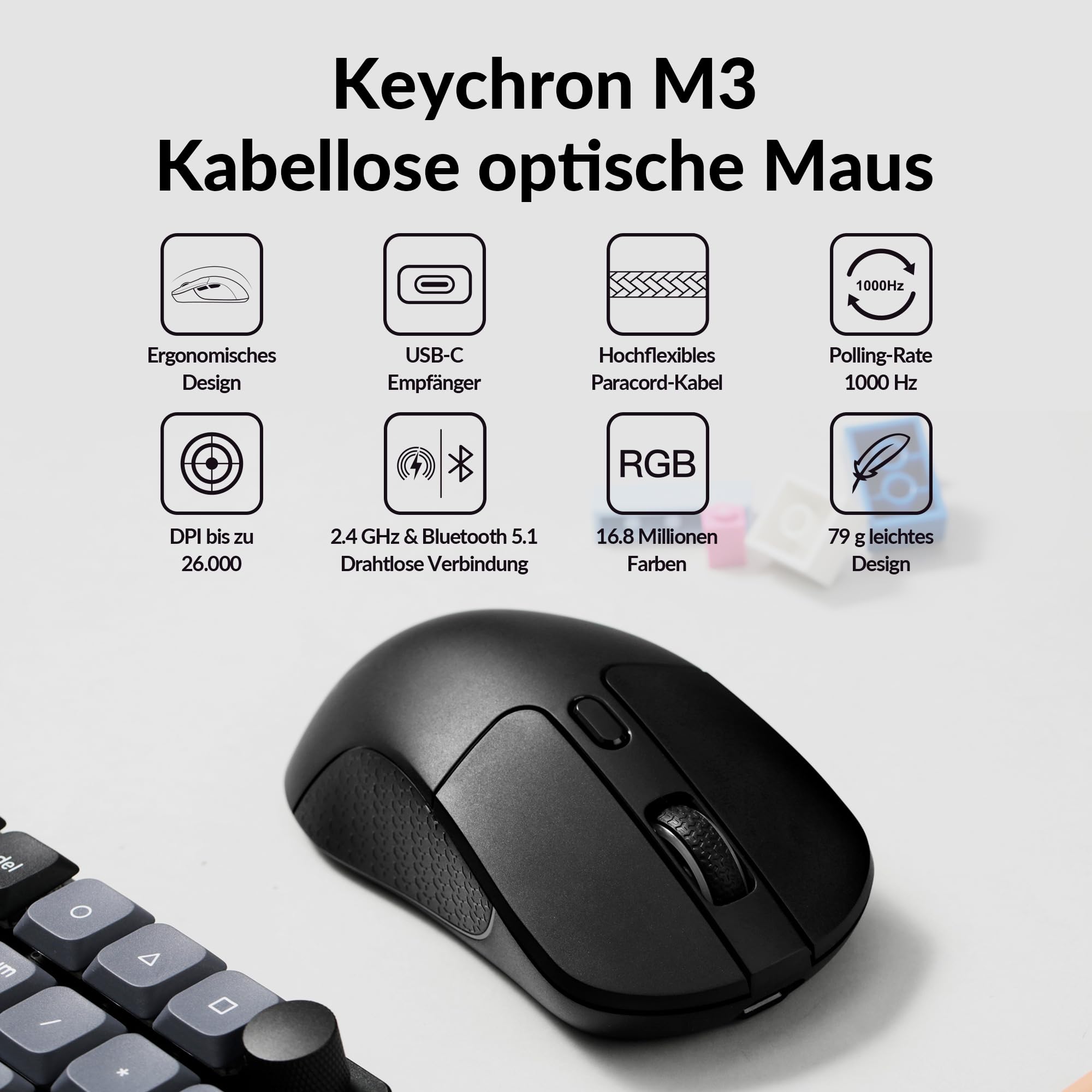 Keychron M3 programmierbare kabellose Maus, 2,4 GHz/Bluetooth 5.1/USB-C-Anschluss, 26000 DPI, PAW3395-Sensor, RGB-LED, 70 Stunden Akkulaufzeit, 79 g Gaming-Maus für PC, Mac und Laptop – Schwarz