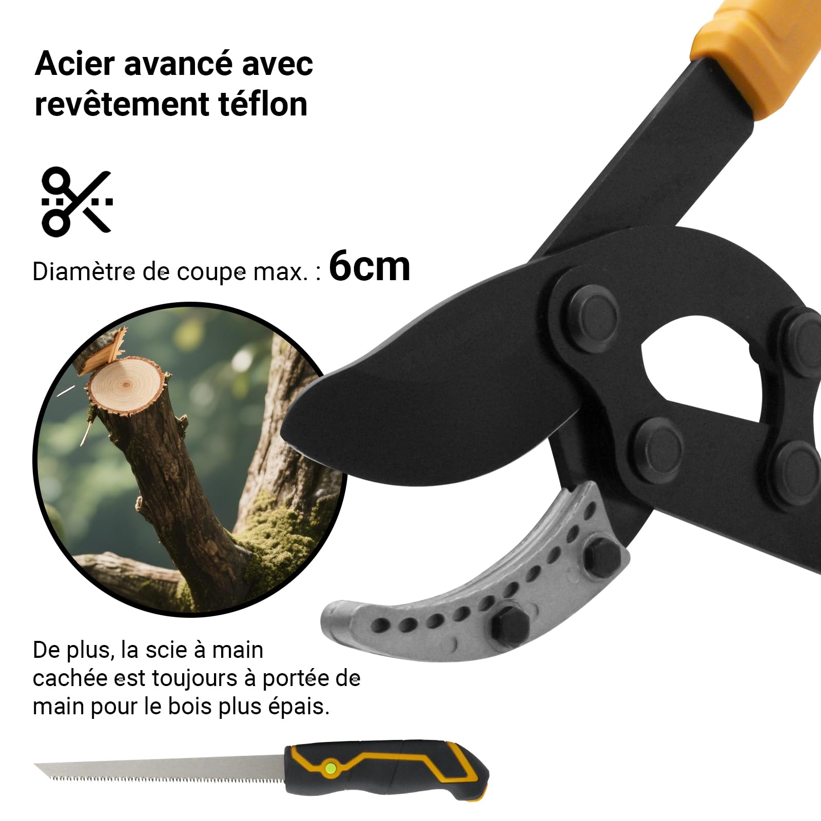 Coupe Branche Cisailles TéLéScopiques Avec Scie à Main Pour Bois Frais Jusqu'à 60mm, Cisaille à Branches TéLescopique, Extensible Jusqu'à 930mm, RevêTement AntiadhéSif