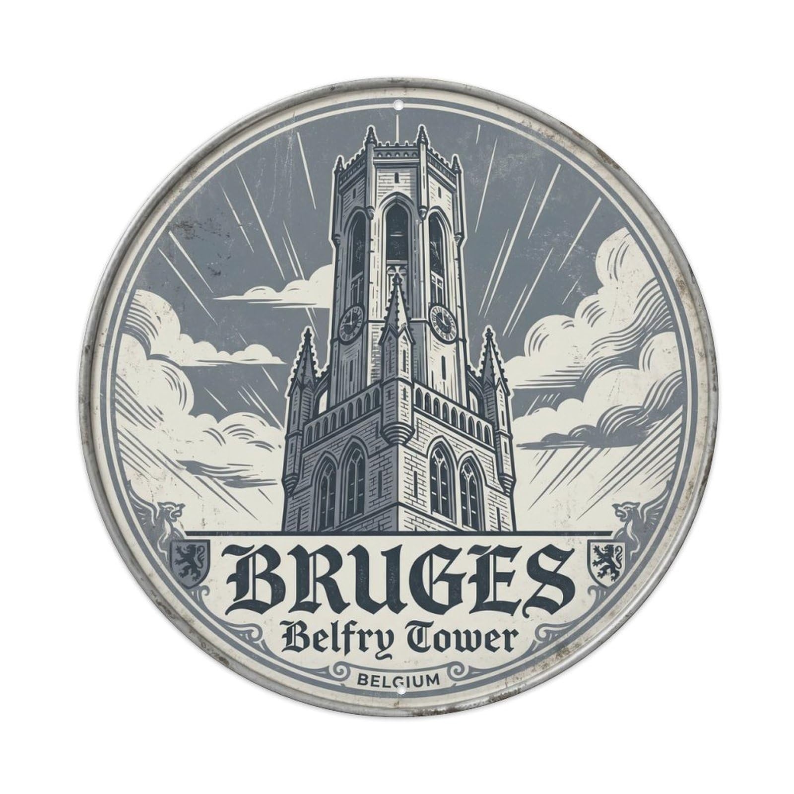 Vintage Travel Bruges Belgium Artwork Metal Tin Sign Plaque Wall Decor for Cafe, Club, Garden Round Metal Poster 8x8Inch