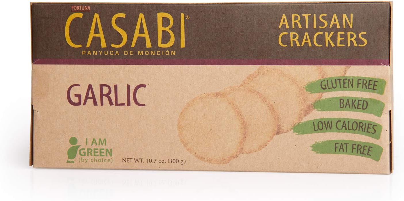 Close Out Sale - Casabi Artisan Garlic Crackers 6-Pk, Gluten-Free(GF), Vegan, Paleo, Keto, AIP Friendly, Made from Yuca Root. 10.7 oz/pk (Garlic, 6-Pack)