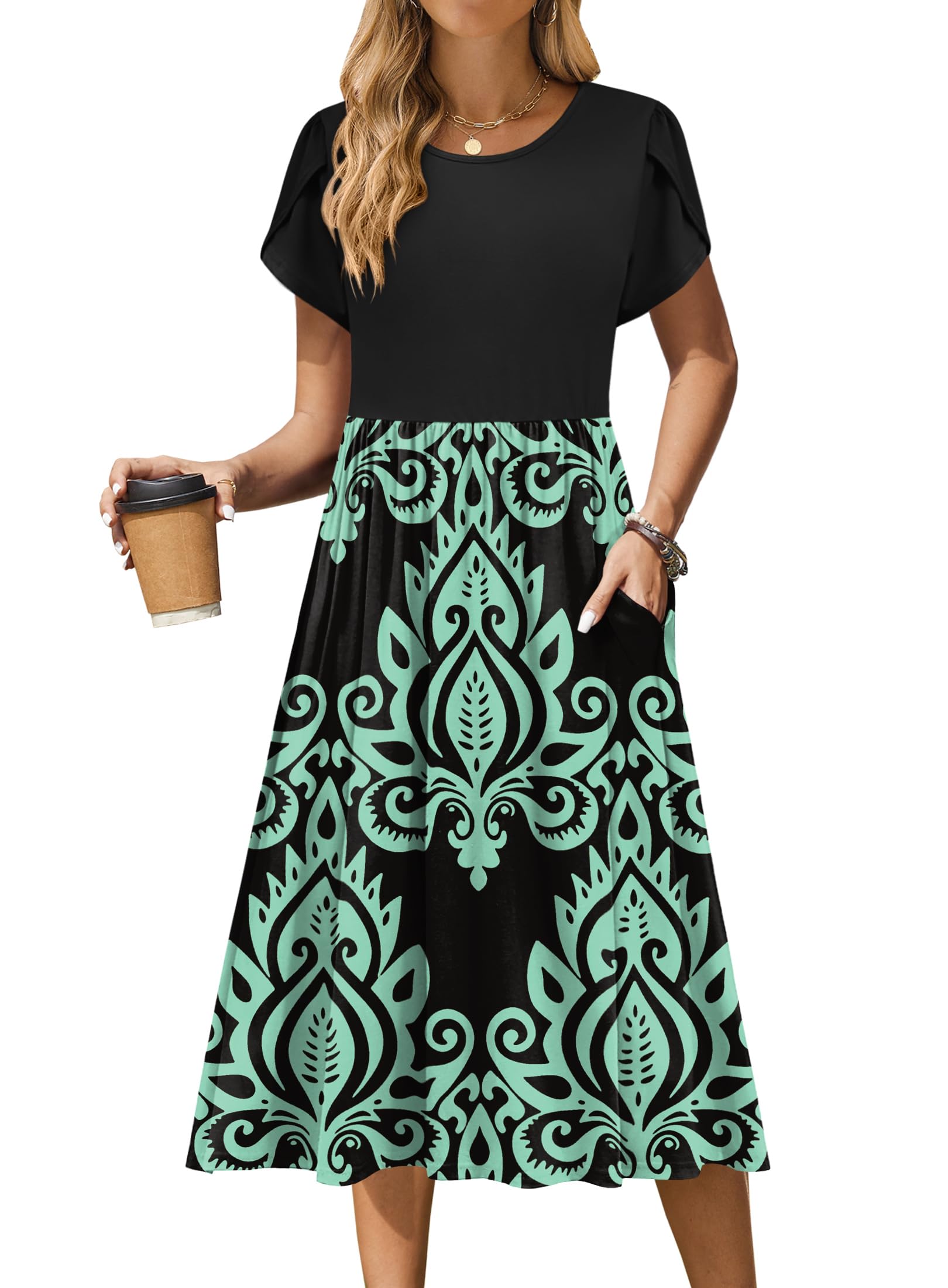 Zeagoo Women Summer Short Sleeve Midi Dress with Pockets Casual Aline Flowy Tshirt Dress Floral Vocation Beach Sundress