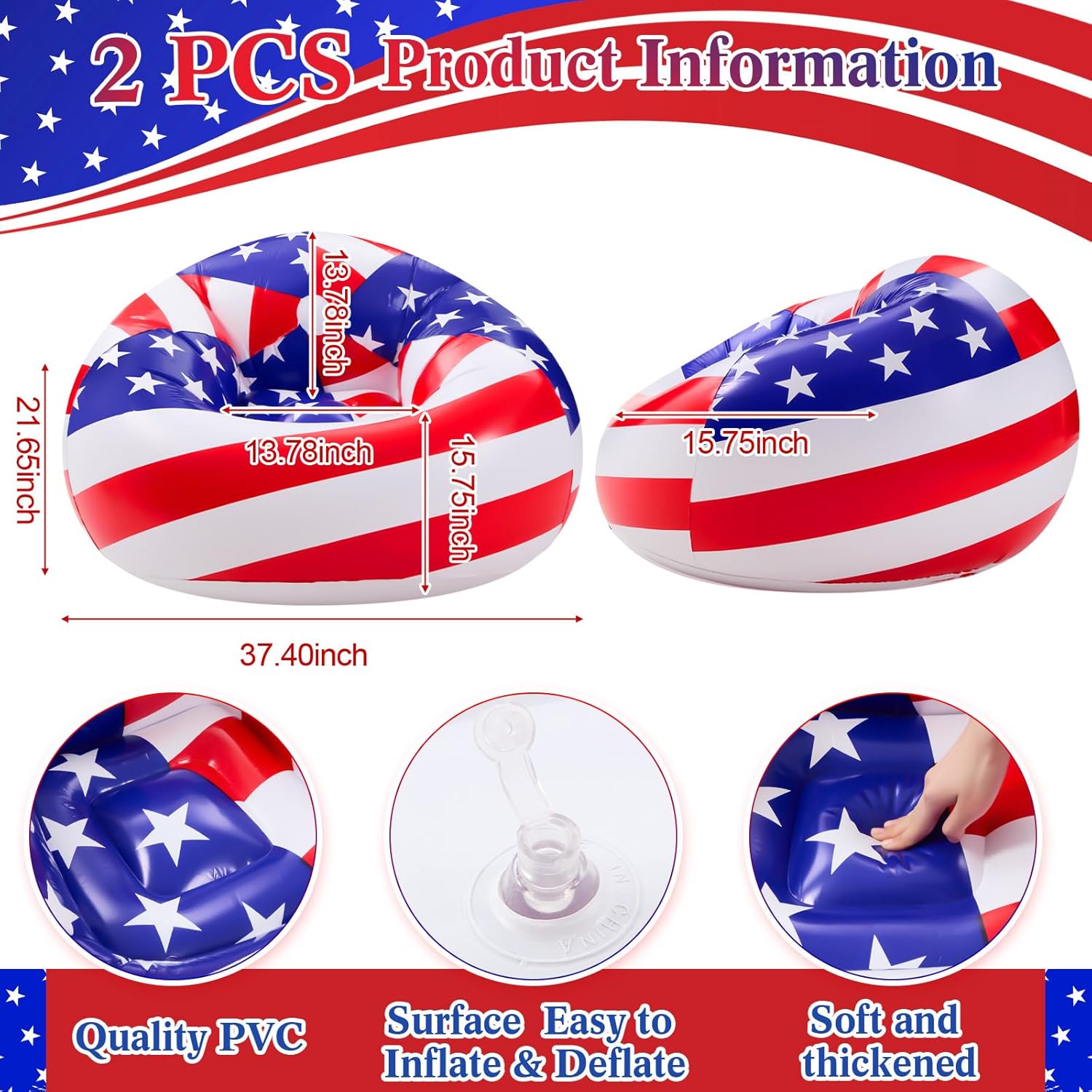 Lunmon 2 Pcs Blow up Chairs USA Flag Inflatable Bean Bag Couch Patriotic Pool Chair Memorial Day Portable Lazy Sofa Seat for Veterans Day Night Camping Balcony Living Bedroom Reading Room