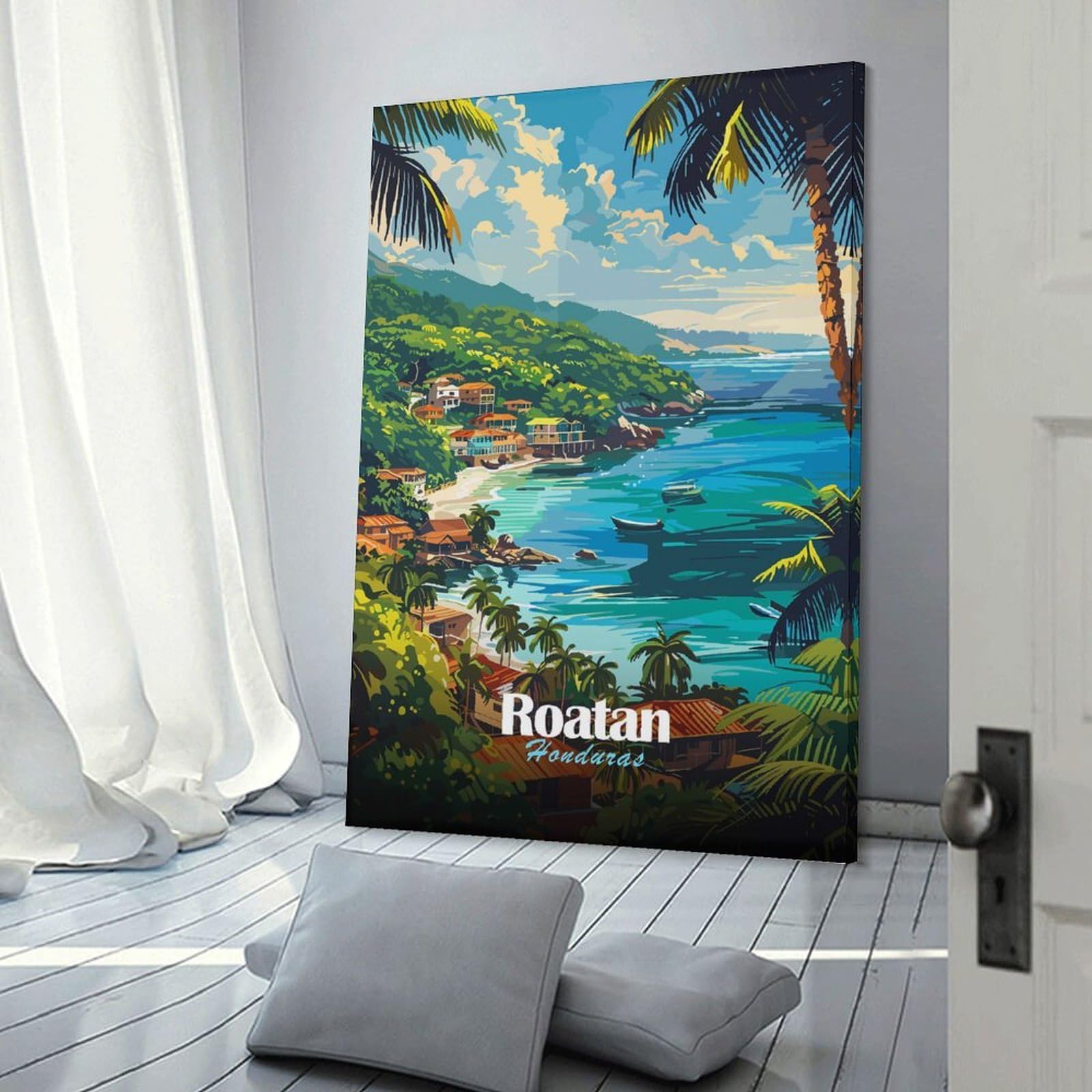 Junmoney Roatan Honduras Tropical Coastline Art Hanging Wall Art, 20x30inch(50x75cm), for Living Room, Bedroom, Office Or Hallway, Decorative Artwork with Broad Appeal