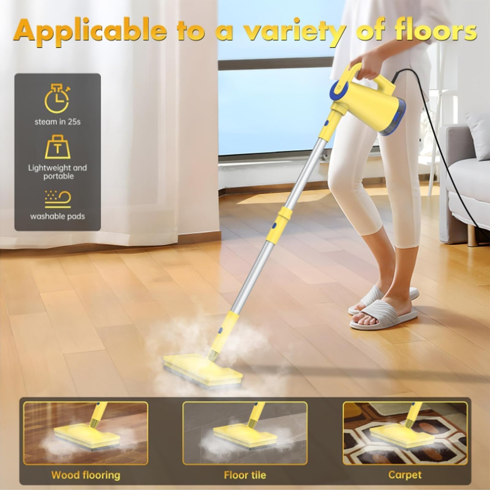 Ręczny mop parowy, wielofunkcyjny mop 1500 W z ulepszonym zbiornikiem na wodę i regulowaną głowicą do podłóg drewnianych, laminowanych, winylowych, płytek i marmurowych