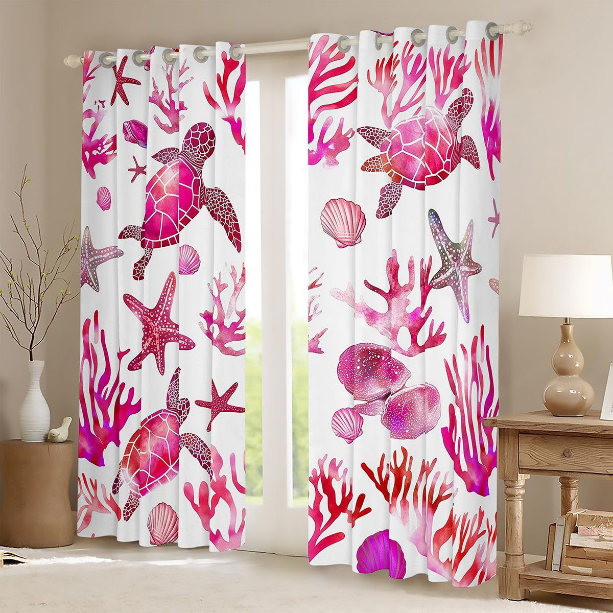 Homemissing Tende oscuranti a forma di tartaruga marina, per camera da letto, soggiorno, oceano, spiaggia, stelle marine, conchiglie, tende oscuranti con creature marine rosa, 2 pannelli 116 x 182 cm