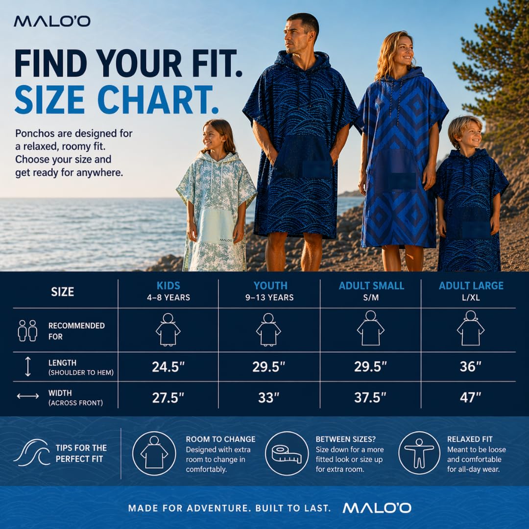 Malo'o Nalu Surf Poncho Wickelmantel mit Kapuze, weich und warm, Kinder- und Erwachsenengrößen, Wickeltuch und Poncho