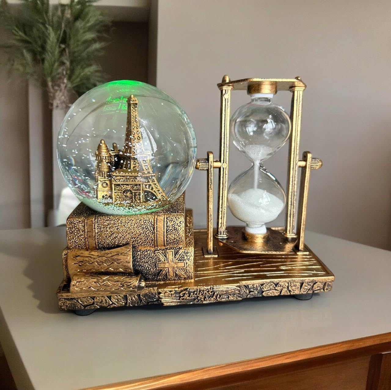 Crystal Snow Globes with Hourglass Timer & Led Music Vintage Brass Snow Crystal Ball Paris Eiffel Tower for Home Snowglobes Decoration Gifts(Pack of 1,Golden) (Paris Eiffel Tower)