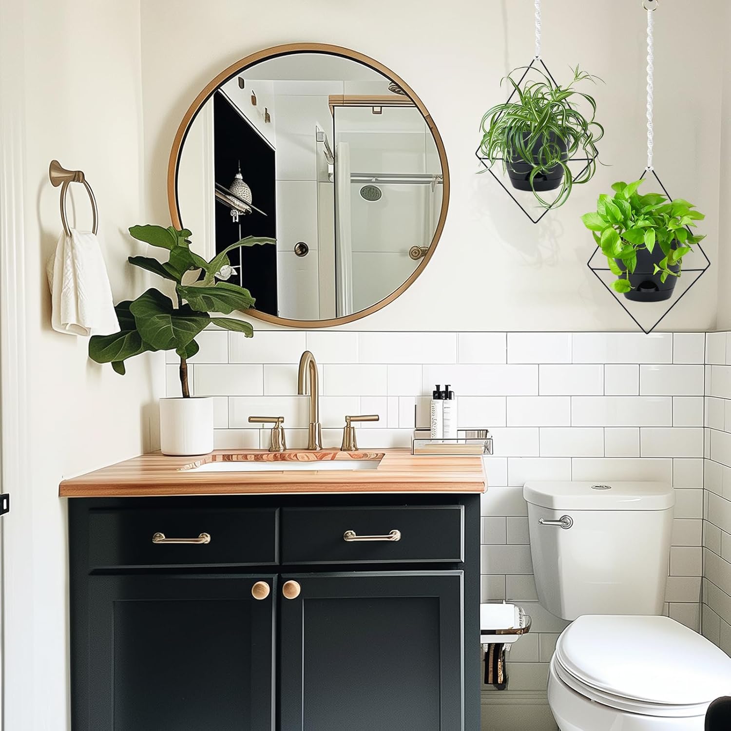 Koalaime Hanging Planters for Indoor Plants, 2 Set Self Watering Hanging Flower Pots, Modern Hanging Plant Baskets with Metal Plant Holder & 6.5 Inch Plastic Pots for Garden Home Decor (Black)