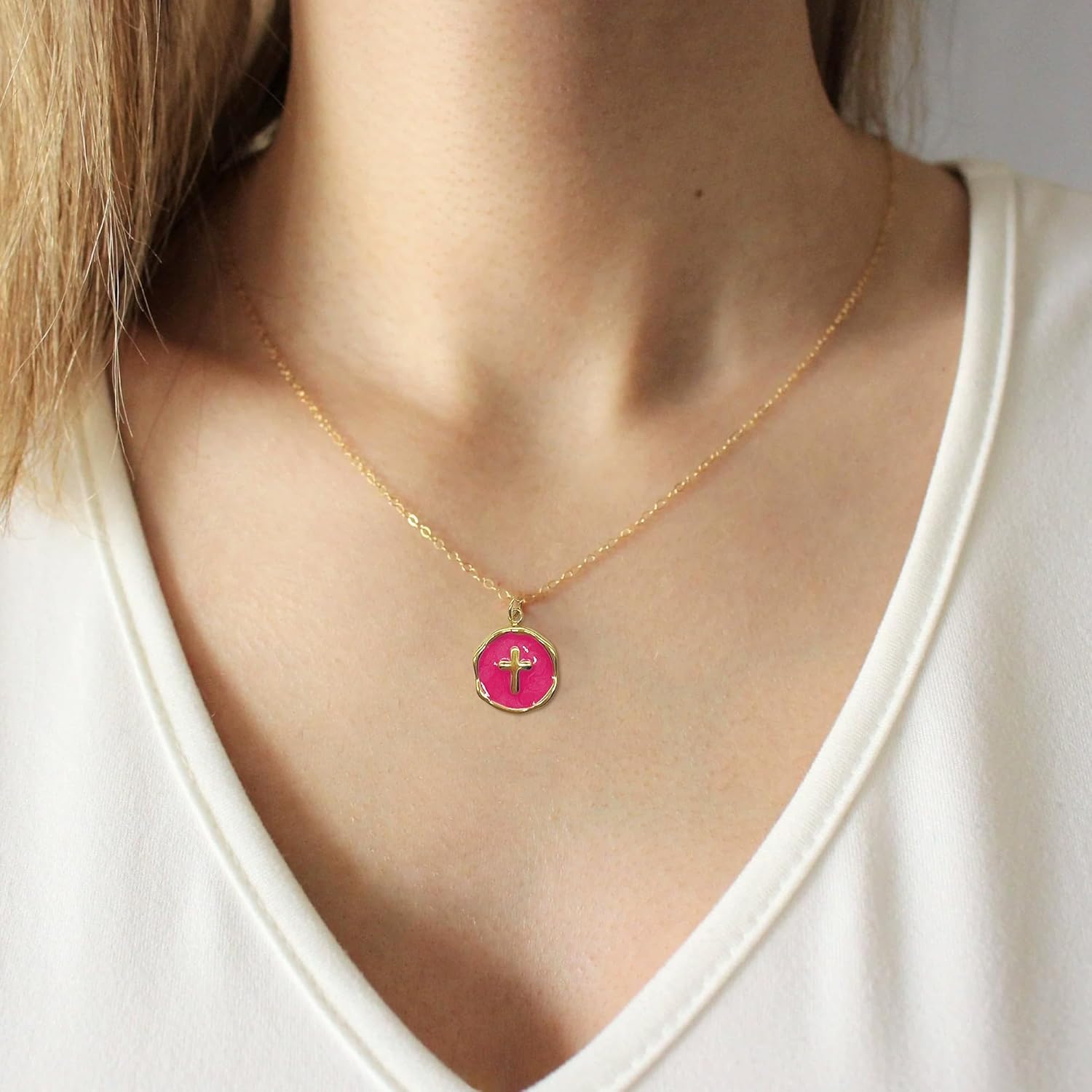 Cross Baptism Necklace First Communion Round Pink Enamel Baptism Pendanr Gift - Image 2