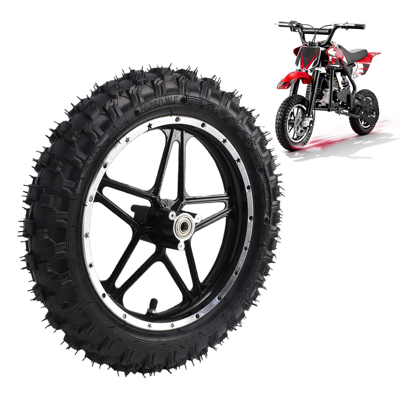 Ausla Jante de Roue de 10 Pouces Assemblage de Pneu, Pneu de Remplacement 2.50 10 Technologie Anti-éclatement pour Mini Pocket Bike Vélo Électrique 49 50ml Dirt *(Traduction D (Devant)