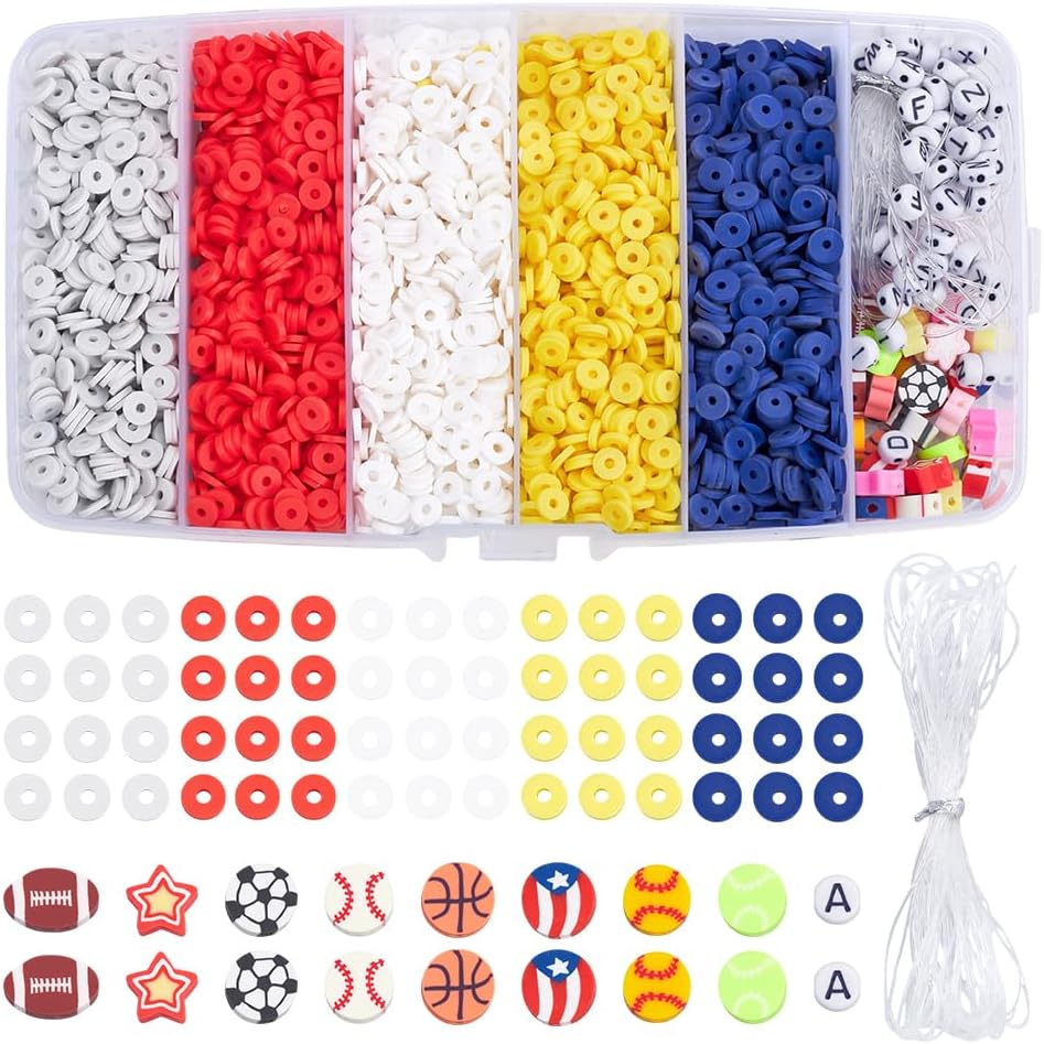 1 Box 5204Pcs Red White and Blue Beads Kit Patriotic Clay Beads Sports Basketball Baseball Rugby Soccer Heishi Bead with Letters for Independence Day Friendship Bracelet Jewelry Making Adult