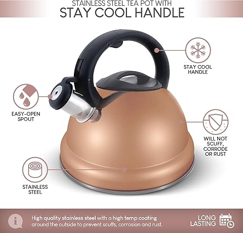 Miniatura 2 de ELITRA - Hervidor de té silbante  Tetera de acero inoxidable para estufa con mango Stay Cool  3.1 cuartos de galón  3 litros  Oro rosa